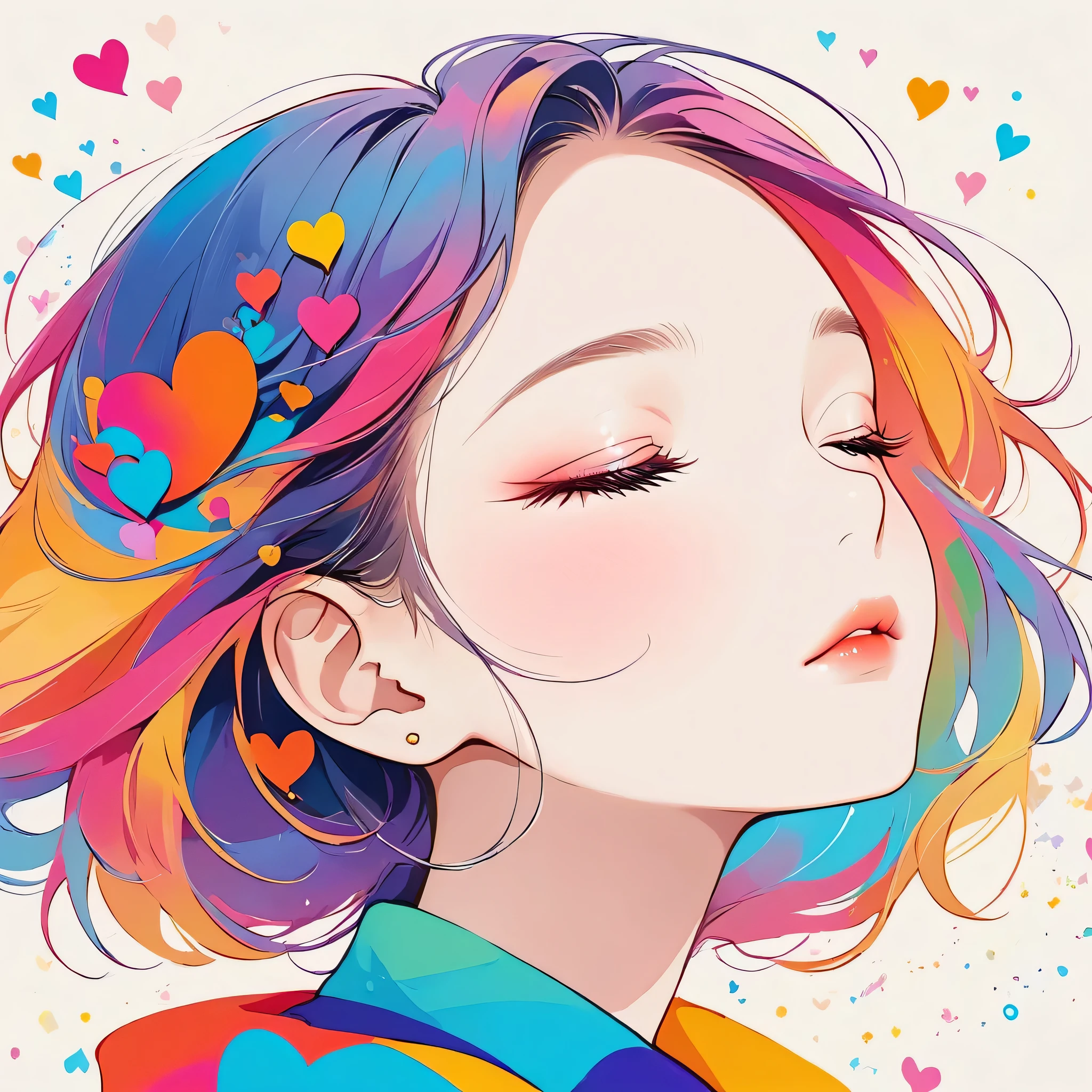 Micho colorful style, Simple Line Initialism,Abstract art,Urban Background, (((The most beautiful girl of all time))), Sweet face. Lips in love, colorful hearts, stylish design, sleeping face
