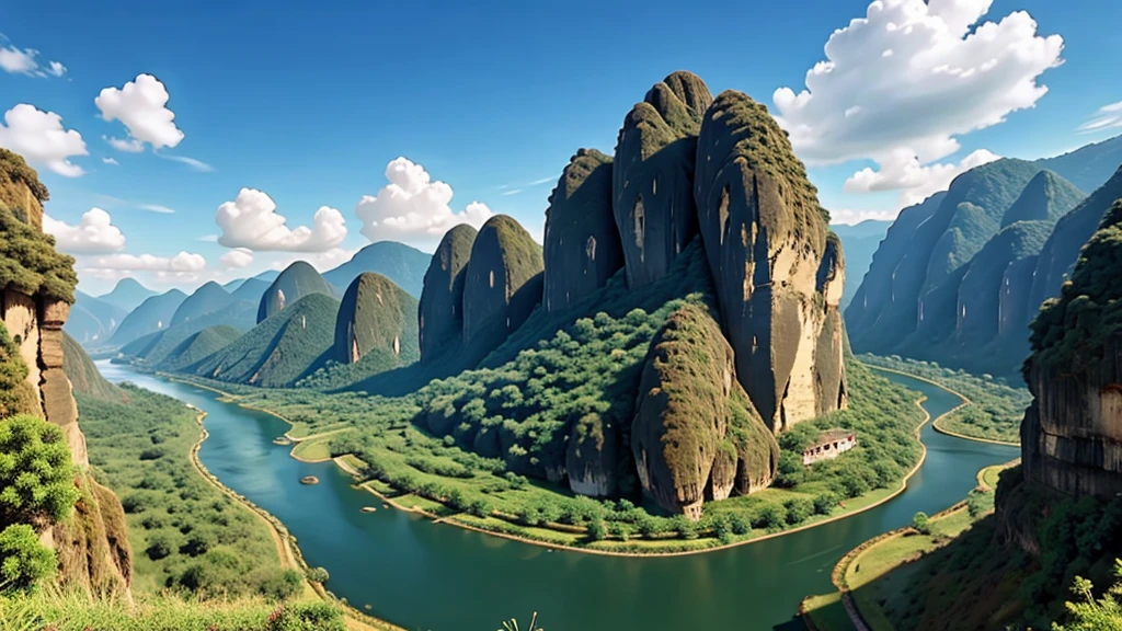 Natural beauty, Laos ancient village.    Mountain river.   Cloud, Temple.   View from the air, mysterious beauty, 8k