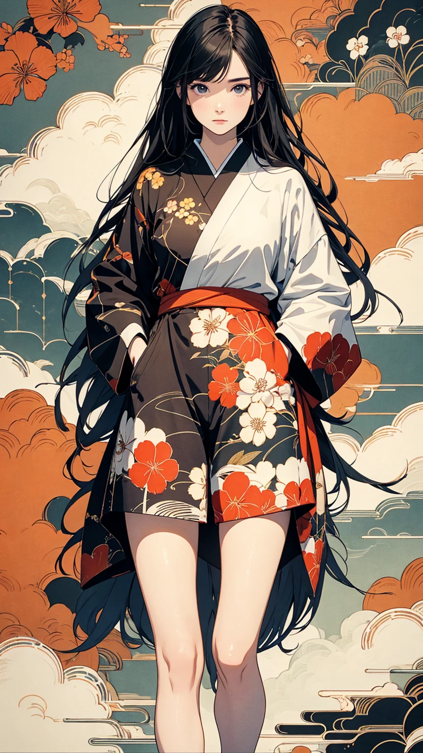 (masterpiece, High resolution, Highest quality), 20-year-old woman, Standing at an angle with hands in pockets:1.3, Coordination of Japanese patterned haori and micro mini shorts:1.2, Petal Collage, abstract design, artistic juxtapositions, And handle background, warm color, mixed-media approach, Anime Style, Simple lines, Digital Painting, 