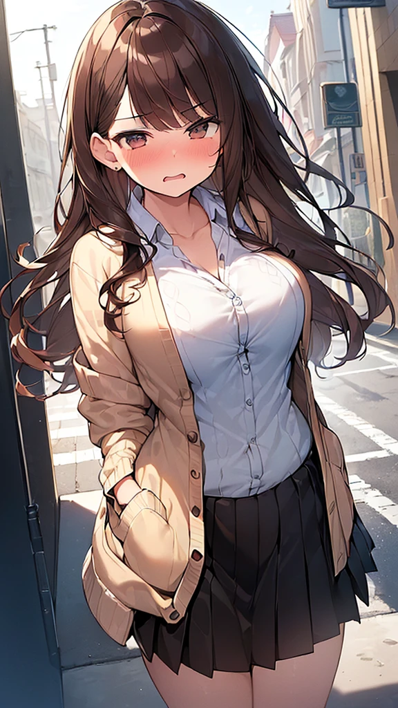 (Masterpiece, Top quality: 1.5), (1 girl, solo :1.2),  (large breasts:1.2), (Cardigan, dress shirt, Pleated skirt:1.4), standard weight, ( brown hair:1.4), (airy hair, wavy hair:1.3), long hair ,asymmetry bangs, swept bangs, junior high school student, angry, (flustered:1.3), beautiful scene of street , dynamic pose, magnificent panorama view