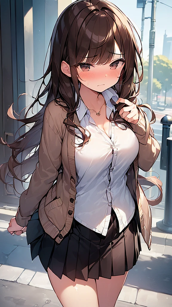 (Masterpiece, Top quality: 1.5), (1 girl, solo :1.2),  (large breasts:1.2), (Cardigan, dress shirt, Pleated skirt:1.4), standard weight, ( brown hair:1.4), (airy hair, wavy hair:1.3), long hair ,asymmetry bangs, swept bangs, junior high school student, angry, (flustered:1.3), beautiful scene of street , dynamic pose, magnificent panorama view