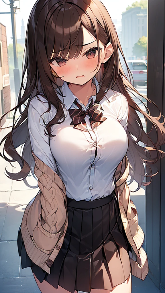 (Masterpiece, Top quality: 1.5), (1 girl, solo :1.2), (large breasts:1.2), (Cardigan, dress shirt, Pleated skirt:1.4), standard weight, ( brown hair:1.4), (airy hair, wavy hair:1.3), long hair ,asymmetry bangs, swept bangs, , angry, (flustered:1.3), beautiful scene of street , dynamic pose, magnificent panorama view