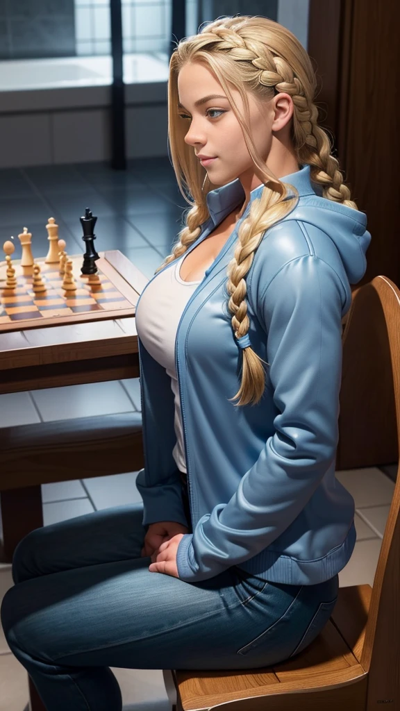 (muscular beautiful cute ager Sofia Flax), huge strong biceps volume, huge exposed chest muscles volume, strong bodybuilder muscles, exposed abs skin, (huge firm breasts volume), long blonde braids blue eyes, cute slight smile, (side view), tight coat shirt and pants, (sat down playing chess at restroom night)