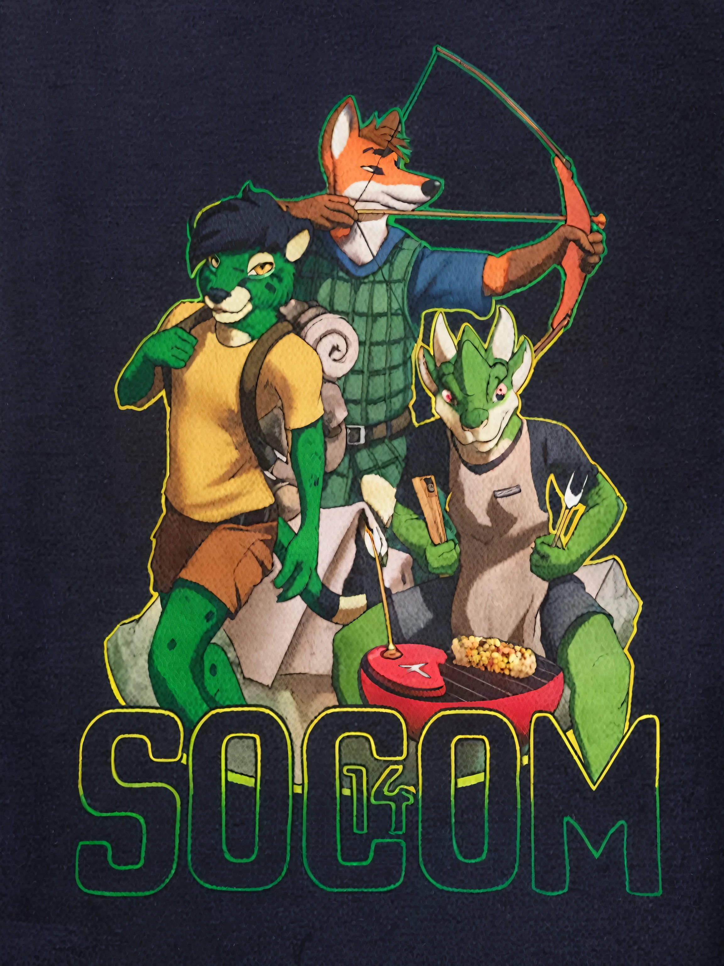 There is a T-shirt with a picture of a group of cartoon characters, official fanart, Star Fox, medium close up shot, medium close up, full detail, Satoshi with, medium close-up shot, medium close shot, official fan art, d&d portrait, Samurai Pizza Cats, medium closeup, scanned, son, detailed shot, video game fanart