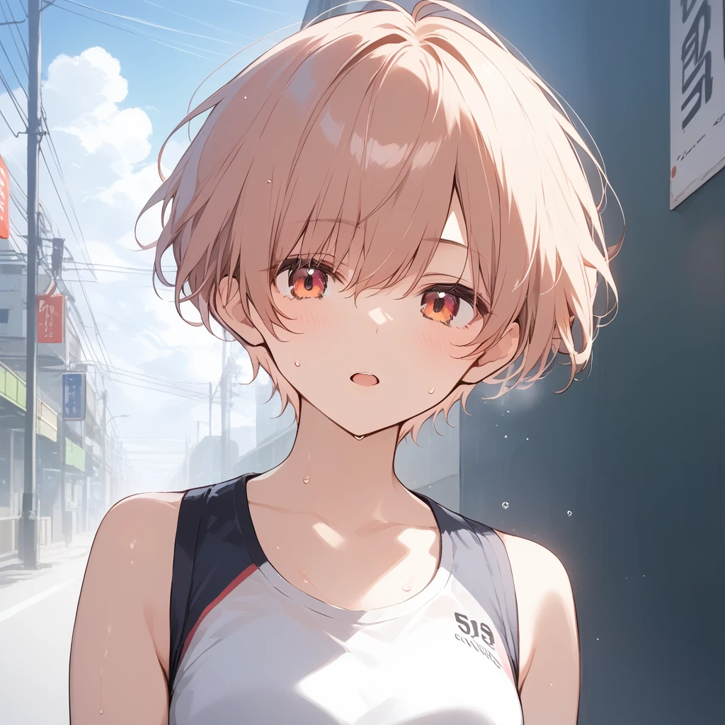 score_9, score_8_up, score_7_up, source_anime, best quality, masterpiece, official art, absurdres, highres, ultra-detailed,waifu2x,Collection: Serious Beauty,break,1girl, very short hair, pixie cut, breasts, beautiful detailed eyes, expressionless, sportswear, shorts, sweat, open mouth, (yawn:0.3), sleepily, outdoors, wind, break,(clear line illustration:1.2), super detailed skin,very high resolution, very aesthetic, Best sexual lighting powered by famous artist, 8k, beauty illustration,photoshop_(medium),,(Detailed Lighting),best anime 8k konachan wallpaper, pixiv contest winner, artist:da-kuro,artist:carnelian ,artist:kantoku ,
