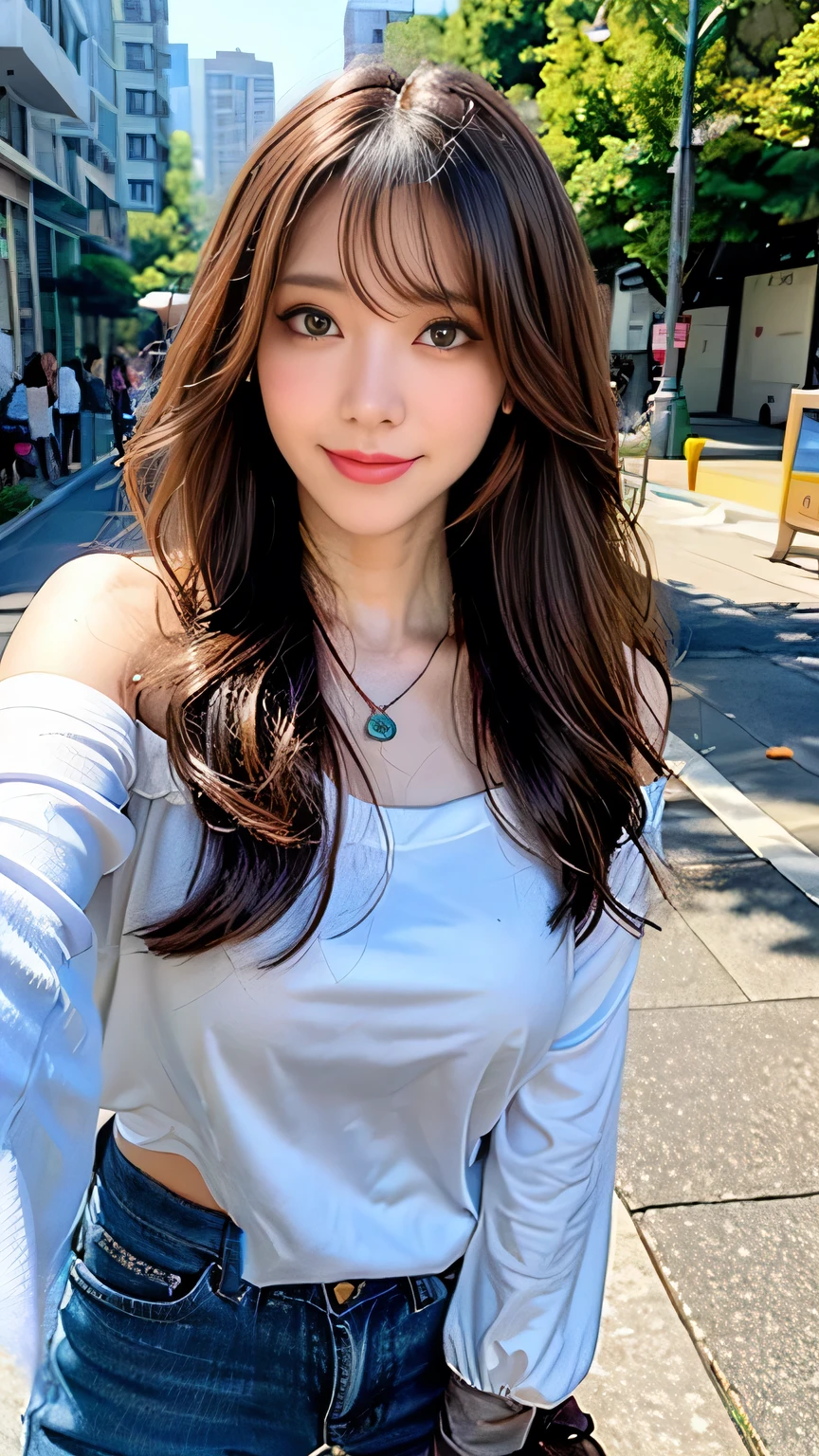 seed;2372725988,((Full Body Angle))、((Front hair:1.3))、((Highest quality, 8k, masterpiece: 1.3)), concentrated: 1.2, Cute 1,Nipples erect、 Perfect beauty: 1.4,Summer off-the-shoulder cropped T-shirt、Letter Print、Shorts: 1.2,Long sleeve、Randall Color、comics&Text Graphics、Black ruffle-trimmed drawstring zip blouse,1.1, Highly detailed face and skin textures, Fine grain, double eyelid, whitening skin, ,Highest quality,Ultra-high resolution,you,1 person,alone,_Shiny_skin,Iris,necklace,((brown_length_Wavy_hair)),(lips)),eyelash,Front hair,deal with,compensate,Shiny,pore,skin,Large Breasts、((Smile))、Walking in the park、Selfie、((close-up))