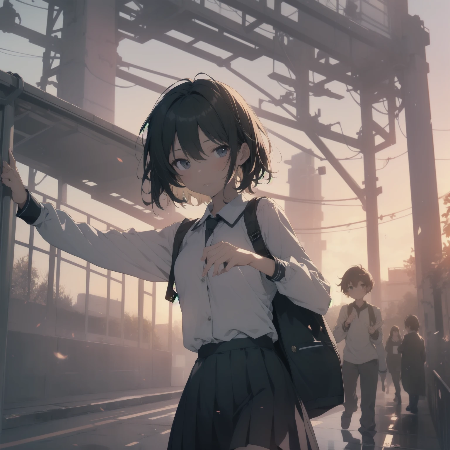 ultra-absurdres-Top quality by artist God, ultra-detailed, high resolution, anime moe artstyle, best anime 8k konachan wallpaper, pixiv contest winner, pool:2810, perfect anatomy,break, 1girl, (Please draw a girl walking sleepily to school alone. )break,(Solo,little female, 13-year-old:1.3),Full limbs, complete fingers,a junior high school student, (very short hair), short cut, flat chest, , small butt, small black eyes, beautiful detailed eyes, well-proportioned iris and pupils, expressive eyes, highres detailed hair, soft expression, salor school_uniform, sailor collar, serahuku, bow, pleated skirt,(Detailed Lighting), (Detailed background), in the School commute route. break,super detailed skin, Best cinematic lighting powered by famous artist, 8k,beauty illustration,photoshop_(medium),very aesthetic,break,((artist:haruhisky )), artist:clamp ,artist:carnelian ,artist:kantoku ,