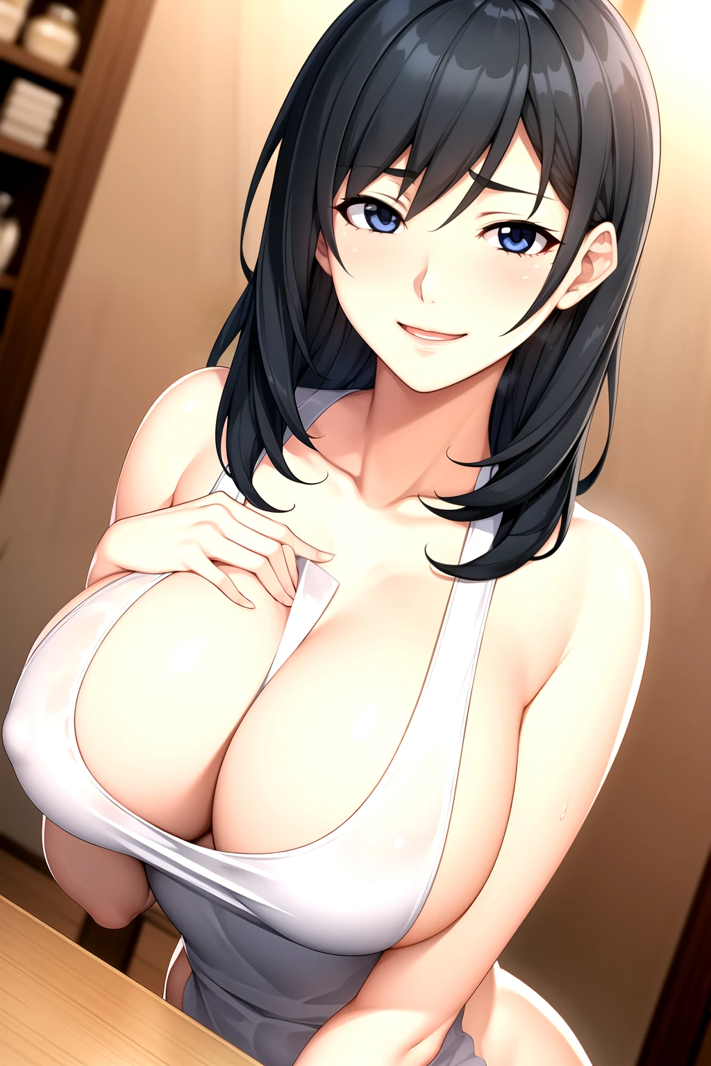 naked apron, 1 Girl,black hair, Solitary,有Light泽的皮肤, breast, 裂解Face红 ,large Chest, Young women,Fair Finger,Fair long legs,Fair Body,Fair Nose,Fair character design, Perfect eyes, perfect Face,Expressive eyes, Looking at the audience,(lead_Body),(Focus on her Face), Official Art,Extremely detailed CG unity 8k wallpaper, Perfect Lighting,rich and colorful, bright_front_Face_Light,發Light的皮膚, (masterpiece:1.0),(the best_quality:1.0), Ultra-high resolution,4K,Very detailed, photography, 8K, Human Development Report, high resolution, absurd:1.2, Kodak Portrait 400, Film Grain, Blurred background, Bokeh:1.2, 鏡頭Light暈, (Energetic_color:1.2) (Fair,Target_Chest:1.2), (Fair_Face:1.5),(narrow_waist), Smile, Happy, full body