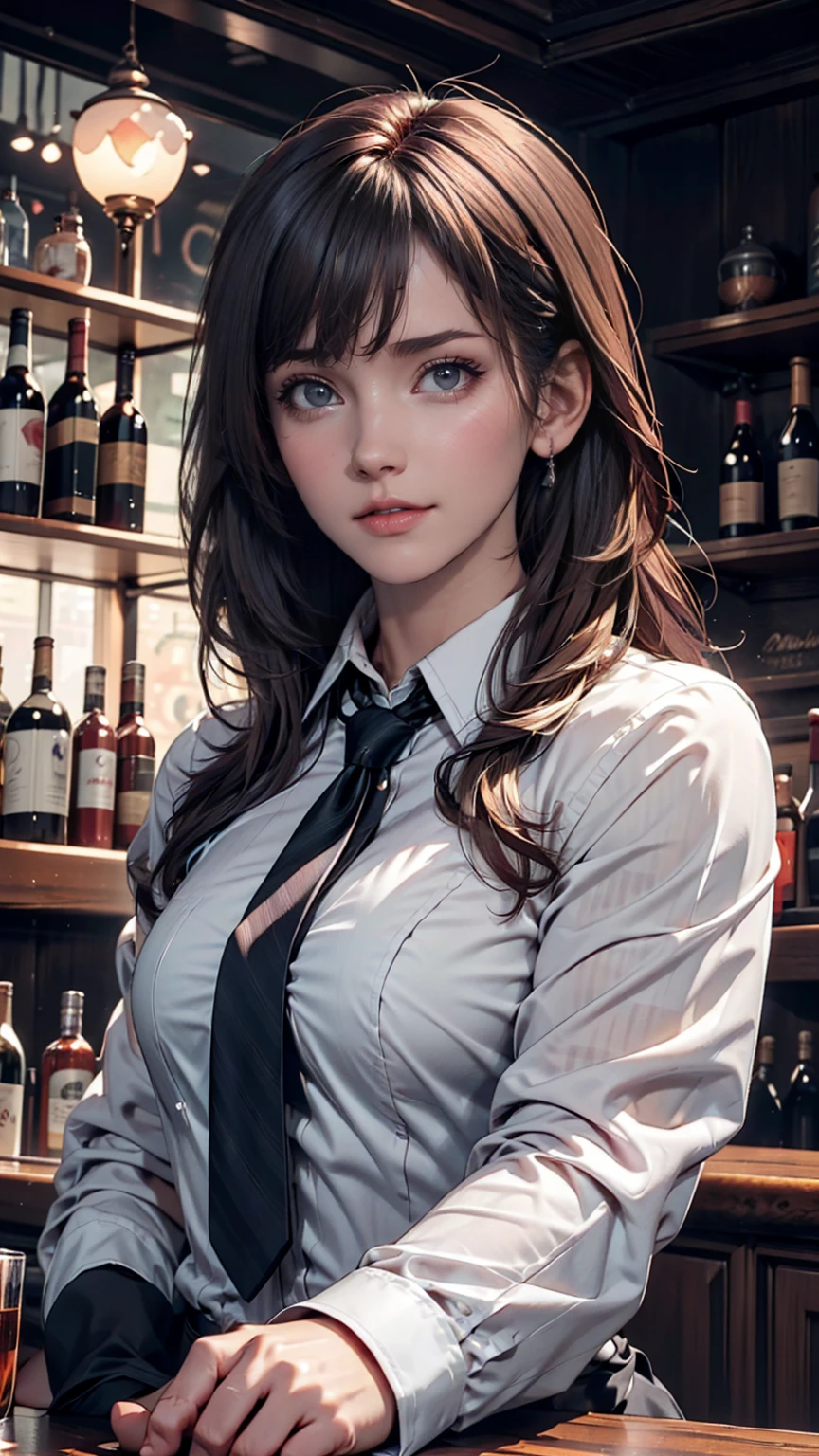 One girl, alone, bangs, blush, Place your hand on your chest, Jill Stingray, Long sleeve, View your viewers, Purple Hair, Medium chest, tie, shirt, alone, Upper Body, Best,  bartender, Best, white shirt,