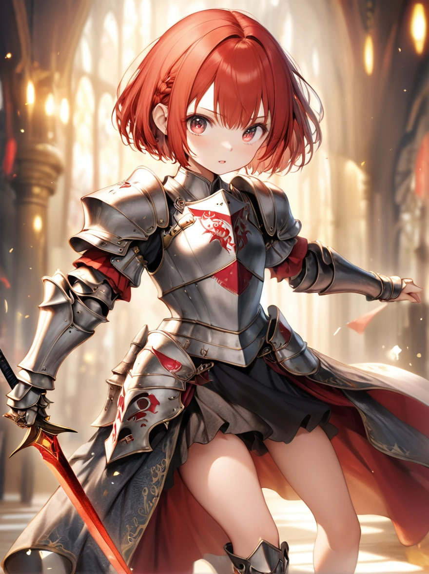 (Highest quality, 8k, 32K, masterpiece, Ultra-high resolution,:1.2),born, One girl,Super cute , Fantasy Background, Clear, shining eyes, Age 25 ,Fair skin, Girl with red hair, knight,, short hair, Hostile