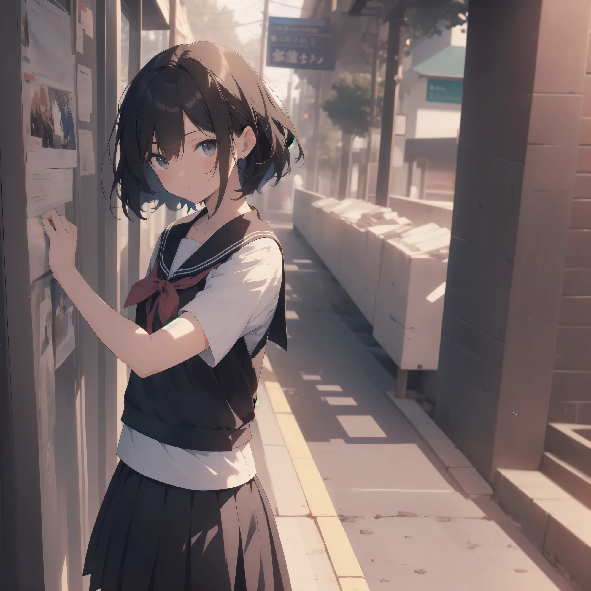 ultra-absurdres-Top quality by artist God, ultra-detailed, high resolution, anime moe artstyle, best anime 8k konachan wallpaper, pixiv contest winner, pool:2810, perfect anatomy,break, 1girl, (Please draw a girl walking sleepily to school alone. )break,(Solo,little female, 13-year-old:1.3),Full limbs, complete fingers,a junior high school student, (very short hair), short cut, flat chest, , small butt, small black eyes, beautiful detailed eyes, well-proportioned iris and pupils, expressive eyes, highres detailed hair, soft expression, salor school_uniform, sailor collar, serahuku, bow, pleated skirt,(Detailed Lighting), (Detailed background), in the School commute route. break,super detailed skin, Best cinematic lighting powered by famous artist, 8k,beauty illustration,photoshop_(medium),very aesthetic,break,((artist:haruhisky )), artist:clamp ,artist:carnelian ,artist:kantoku ,
