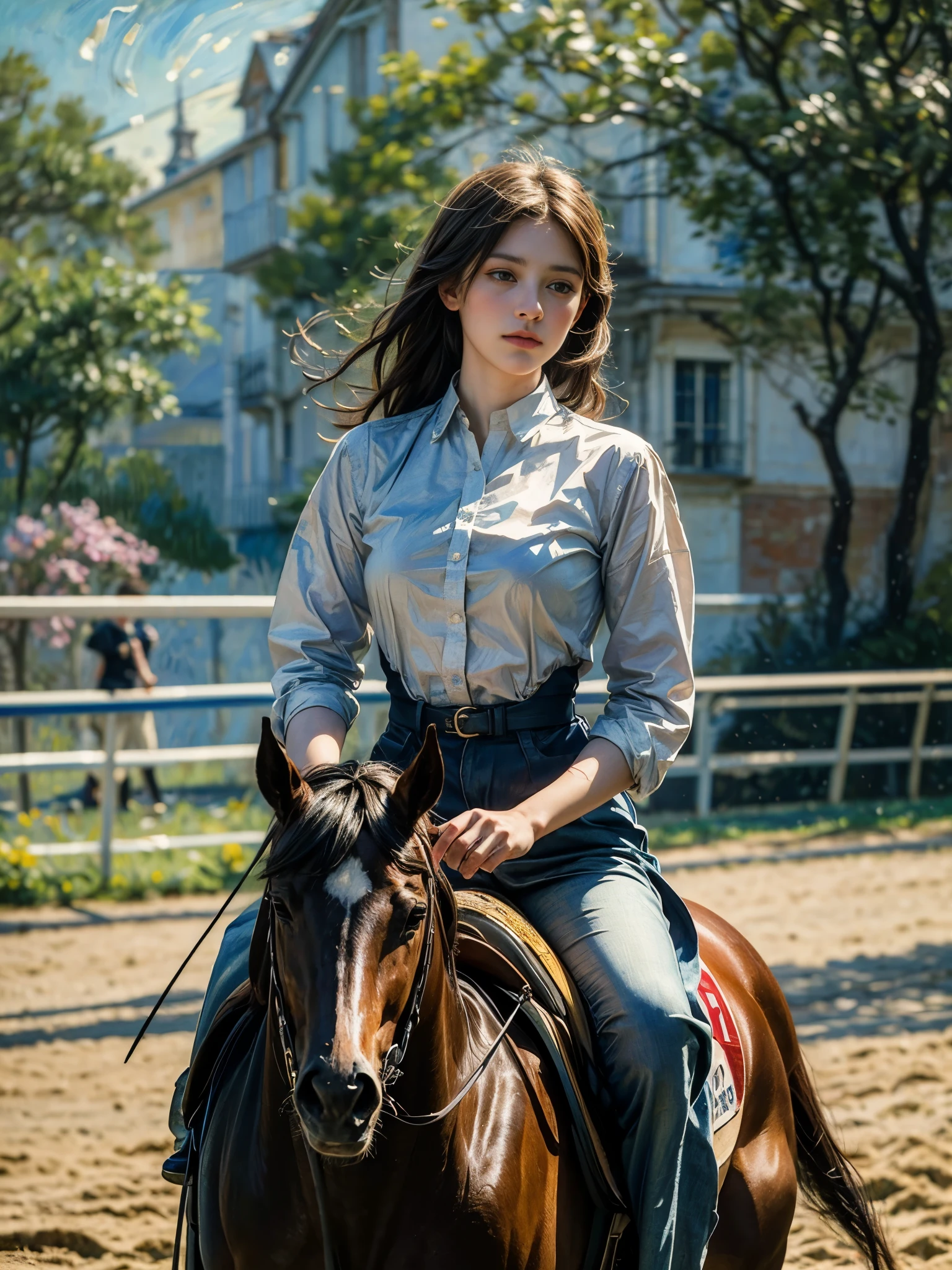 (8k, Highest quality, masterpiece),{Realistic, RAW Photos, Super Fine Clear, Portraiture, (Influenced by impressionist paintings:1.6)}, Equestrian competitions, Female Jockey