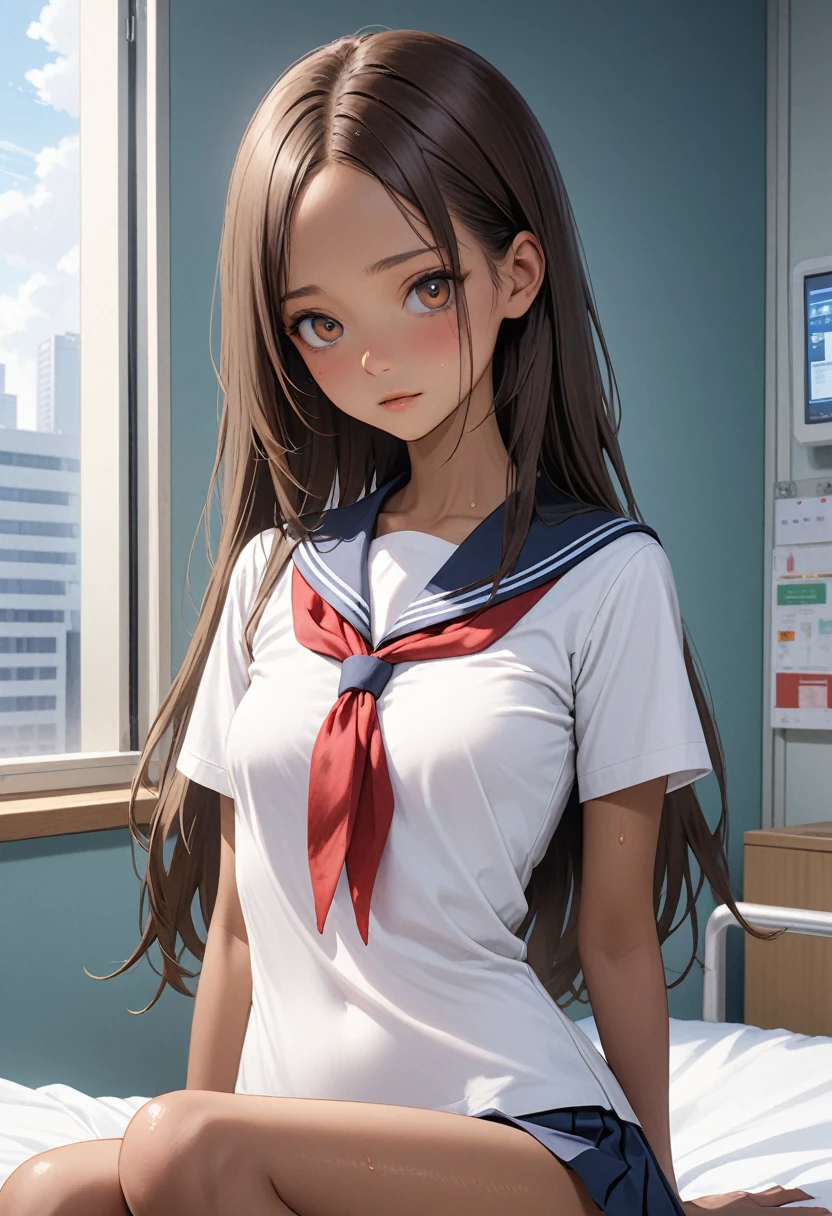 ((masterpiece,Highest quality:1.3,best quality illustration)),realistic,cowboy shot,1woman,(Mature Beauty),((very small head:1.4)),ideal ratio body proportions,brown hair,straight long hair,center parted bangs,gorgeous big eyes,brown eyes,shy、((tan skin,skinny,slender body)),、White short-sleeved sailor uniform、Navy blue sailor collar、Red neckerchief、Navy blue pleated mini skirt,panties、Love juice、small breasts,gleaming skin,sweat,sitting,spread legs,Simple bed、simple hospital room、Tokyo、