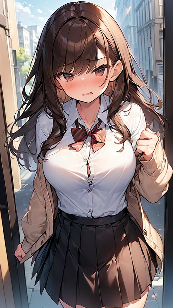 (Masterpiece, Top quality: 1.5), (1 girl, solo :1.2),  (large breasts:1.2), (Cardigan, dress shirt, Pleated skirt:1.4), standard weight, ( brown hair:1.4), (airy hair, wavy hair:1.3), long hair ,asymmetry bangs, swept bangs, , angry, (flustered:1.3), beautiful scene of street , dynamic pose, magnificent panorama view