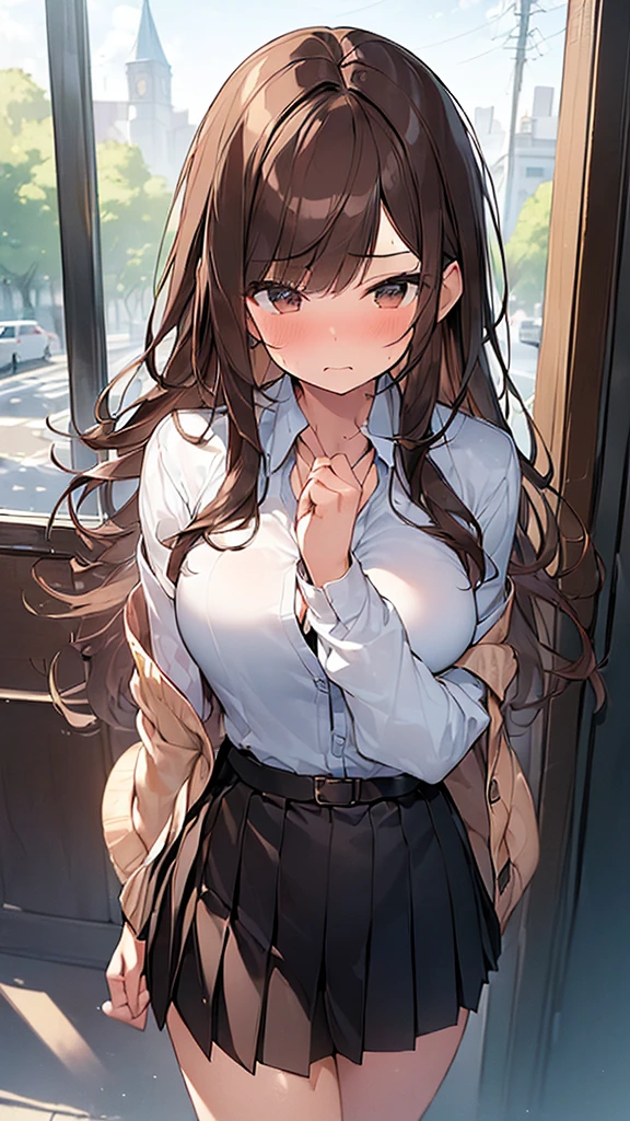(Masterpiece, Top quality: 1.5), (1 girl, solo :1.2),  (large breasts:1.2), (Cardigan, dress shirt, Pleated skirt:1.4), standard weight, ( brown hair:1.4), (airy hair, wavy hair:1.3), long hair ,asymmetry bangs, swept bangs, junior high school student, angry, (flustered:1.3), beautiful scene of street , dynamic pose, magnificent panorama view