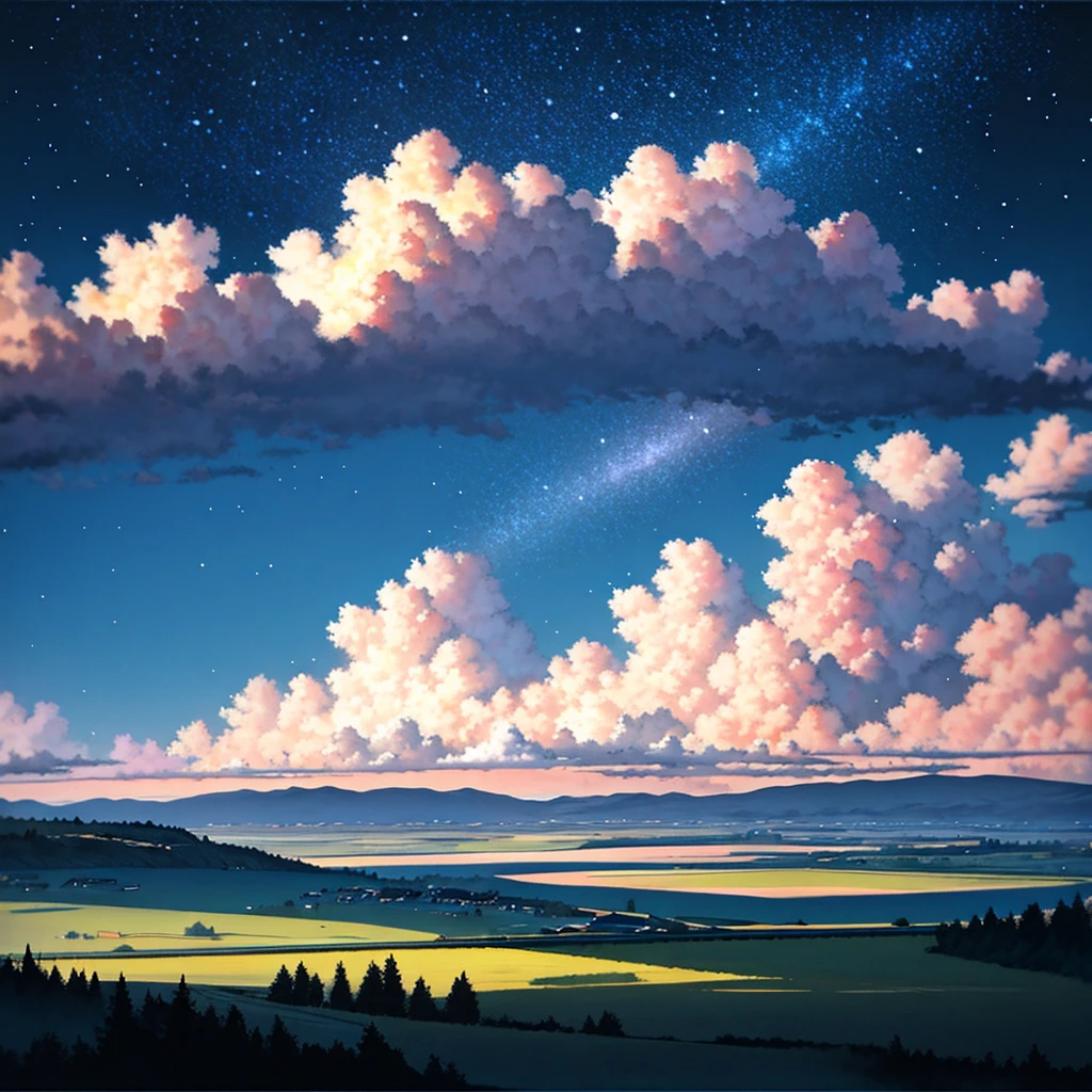 masterpiece, best quality, landscape, no humans, sadness, oil painting \(medium\) fake sky, multiple fake stars falling from sky, floating star shape falling down