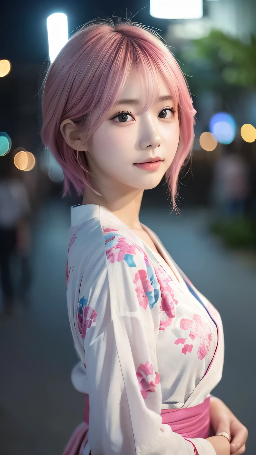 yukata、Summer festival、(Highest quality,masterpiece:1.3,Ultra-high resolution,),(Very detailedな,Caustics),(Photorealistic:1.4,RAW shooting,)Ultra-Realistic Capture,Very detailed,High resolution 16K for human skin、 Natural skin texture、、Skin tone is even and healthy looking、 Use natural light and colour,One Woman,Japanese,,cute,Pink Hair,Mid-length hair,(Written boundary depth、chromatic aberration、、Wide range of lighting、Natural Shading、)、(Outdoor lighting at night:1.4)、(Hair swaying in the wind:1)、short hair
