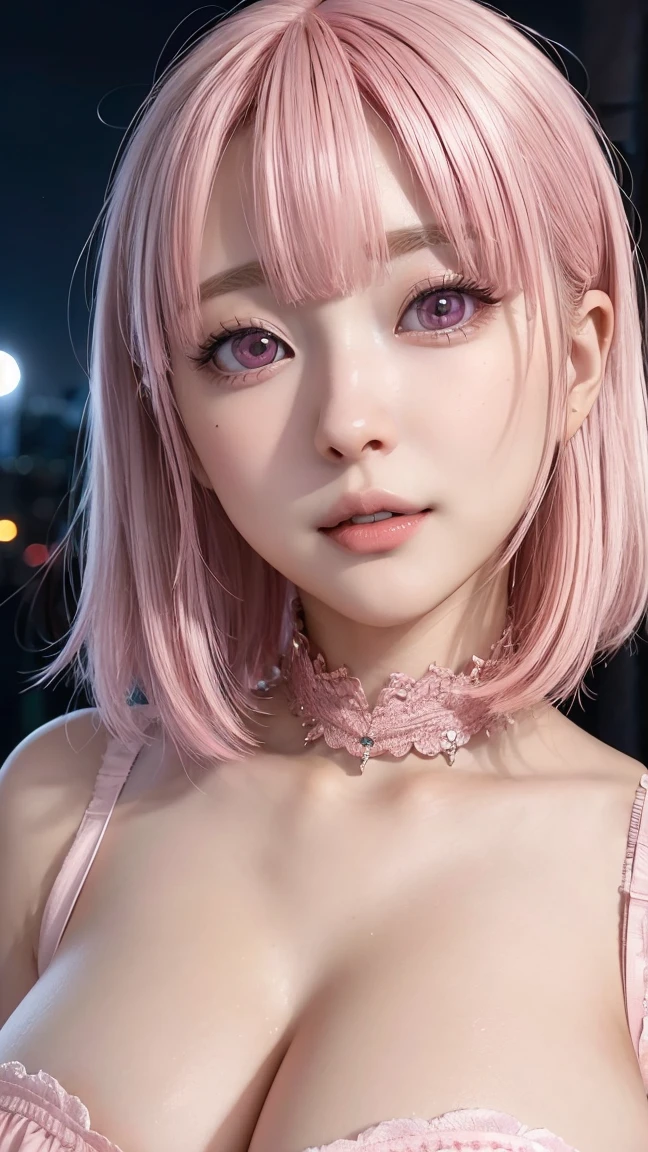 (4K quality:1.3),(Highest quality:1.3),(19 years old:1.3),(Large Breasts:1.6),Overdeveloped breasts:1.6,Big Breasts:1.6,世界一Large Breasts,Extra large chest:1.3,One of the largest breasts in the world,Saggy breasts,rich,Upper Body,smile,Japanese Voice Actors,Overflowing breasts,(jewelry),Captivate a man,Cleavage,(Con Cafe:1.5),(Celebrities:1.4),(thin:1.2),(Tight waist:1.4,(Night viewの良いホテル:1.1),(luxury:1.2),(Arisa Hanyu:1.5),(anorexia:1.4),(Night view:1.3),(Close up on face:1.2),Catchlight,(Child face:1.6),(smile:1.1),(Lori:1.5),(Pink Hair:1.6),(Short Hair),(Deep pink eyes:1.4),(2D cuteness:1.5),(Cute Makeup),Beautiful fingertips,Black lace collar,(Looking up:1.2)
