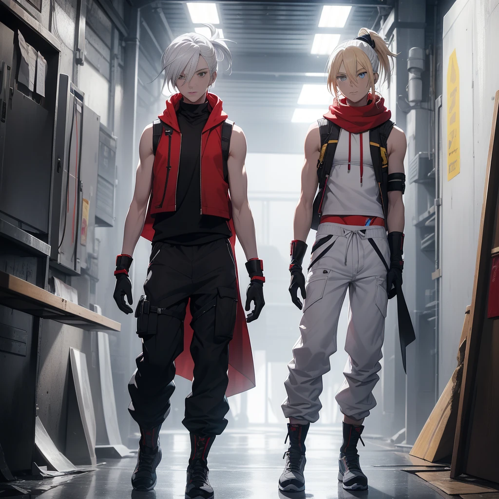 (26 years old), (male), Yellow hair, (Blue eyes), (Tied back ponytail), red scarf, White hoodie-vest, sleeveless))), (((White Millitary pants, black gloves))), slim, up to legs, Tattoed Face, Wizard
