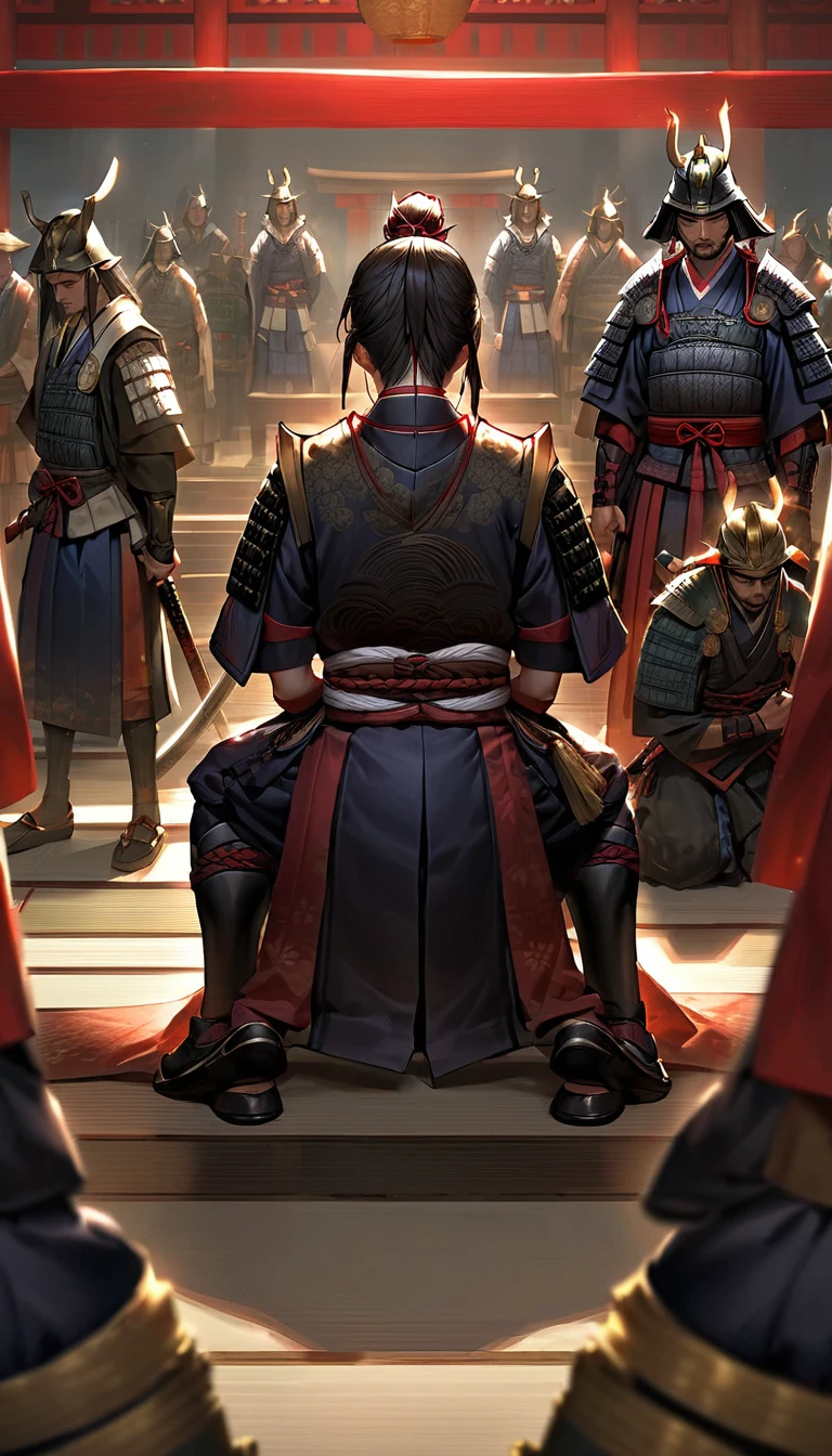 The disciples stood around、A scene in which a samurai arrogantly looks down on them。The samurai&#39;s posture and facial expression convey his arrogance.。」