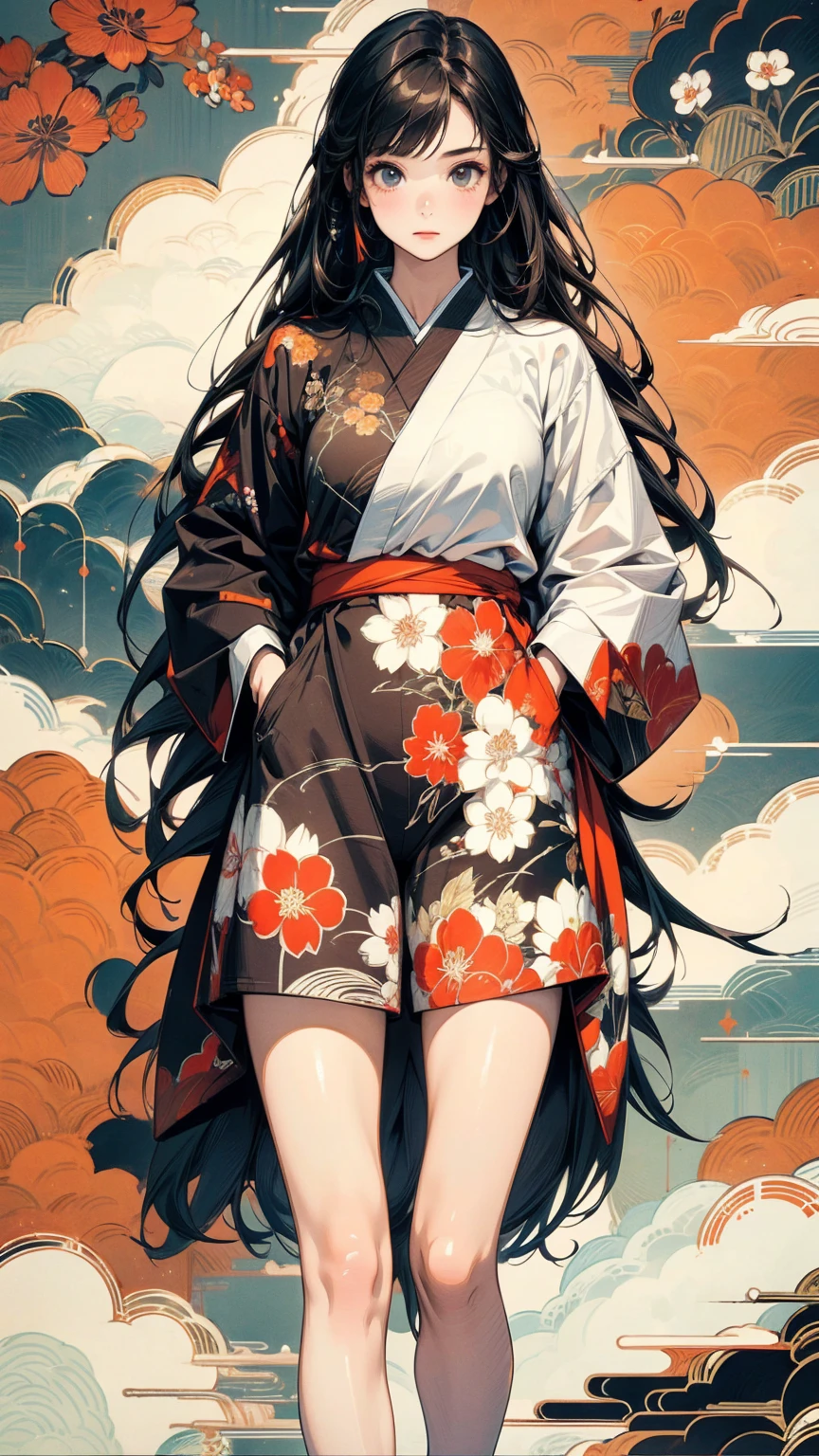 (masterpiece, High resolution, Highest quality), 20-year-old woman, Standing at an angle with hands in pockets:1.3, Coordination of Japanese patterned haori and micro mini shorts:1.2, Petal Collage, abstract design, artistic juxtapositions, And handle background, warm color, mixed-media approach, Anime Style, Simple lines, Digital Painting,