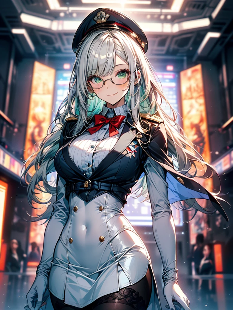 masterpiece, best quality, mature woman, white hair with green color inner, green eyes color, blue and white military uniform, mature_female, eyes glasses , white gloves, anime, blue military hat, very_long_hair, perfect body, commander, science_fiction, black knee-high boots, white skirt , large_breasts, ultra-detailed, high quality, british military uniform, sci-fi, dark blue Trench Coat, 1girl, 4k, military base ,perfect hands, full body, great details, beautiful anime illustrations, 26 years old, red ribbon bow tie, white stockings, (((correct anatomy:1.5))), ((perfect hand:1.5, Ideal body proportions:1.37)), Good realistic skin:1.1, look at the audience:1.3, (Dynamic angle:1.3, Focus Target:1.3), (Many poses:0.0), (charming, Smile sexy too.:1.4), The picture in the middle:0.2, ((milf:1.5, alone:1.5))