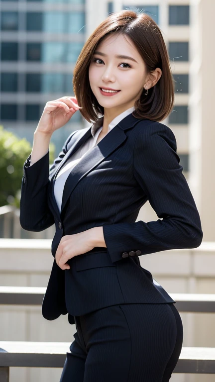 Tabletop, Highest quality, Realistic, In detail, High resolution, 8k wallpaper, Perfect dynamic composition,Perfect Anatomy,Woman with perfect body, Beautiful details, short hair, Small breasts, Random sexy poses, Secretary-style suit,Laughter, Cityscape, 22 years old, Droopy eyes, Adult Beauty, {{Turn your ass towards me for emphasis}}