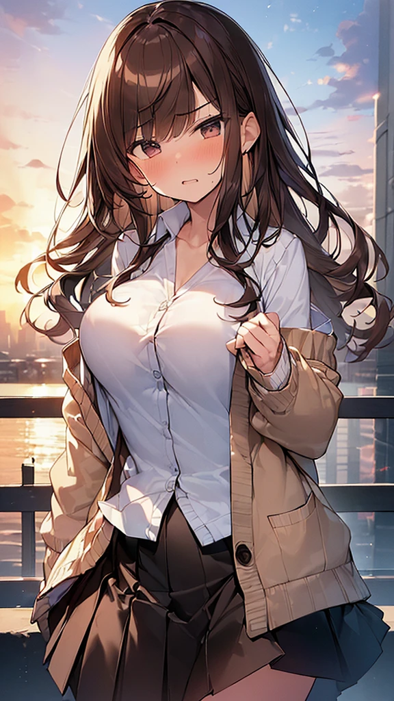 (Masterpiece, Top quality: 1.5), (1 girl, solo :1.2),  (large breasts:1.2), (Cardigan, dress shirt, Pleated skirt:1.4), standard weight, ( brown hair:1.4), (airy hair, wavy hair:1.3), long hair ,asymmetry bangs, swept bangs, junior high school student, angry, (flustered:1.3), beautiful scene of street , dynamic pose, magnificent panorama view, sunset