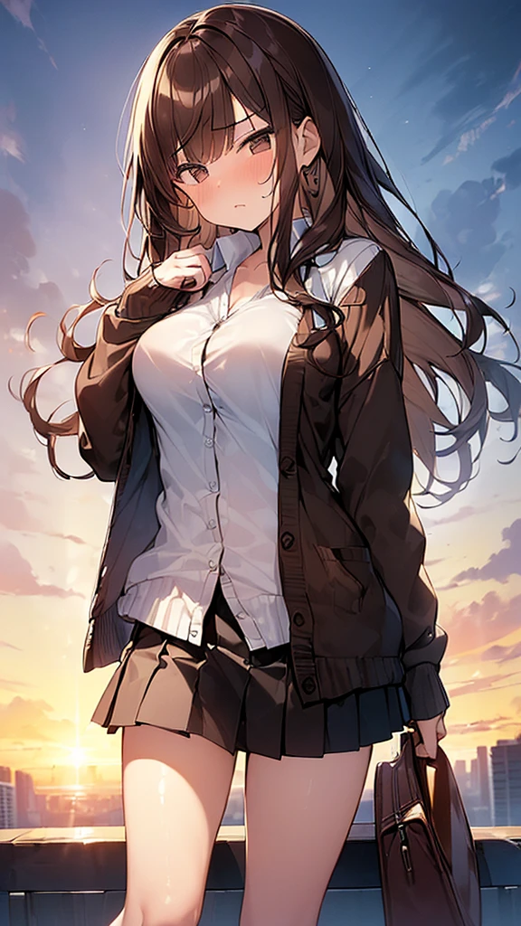 (Masterpiece, Top quality: 1.5), (1 girl, solo :1.2), (large breasts:1.2), (Cardigan, dress shirt, Pleated skirt:1.4), standard weight, ( brown hair:1.4), (airy hair, wavy hair:1.3), long hair ,asymmetry bangs, swept bangs, junior high school student, angry, (flustered:1.3), beautiful scene of street , dynamic pose, magnificent panorama view, sunset