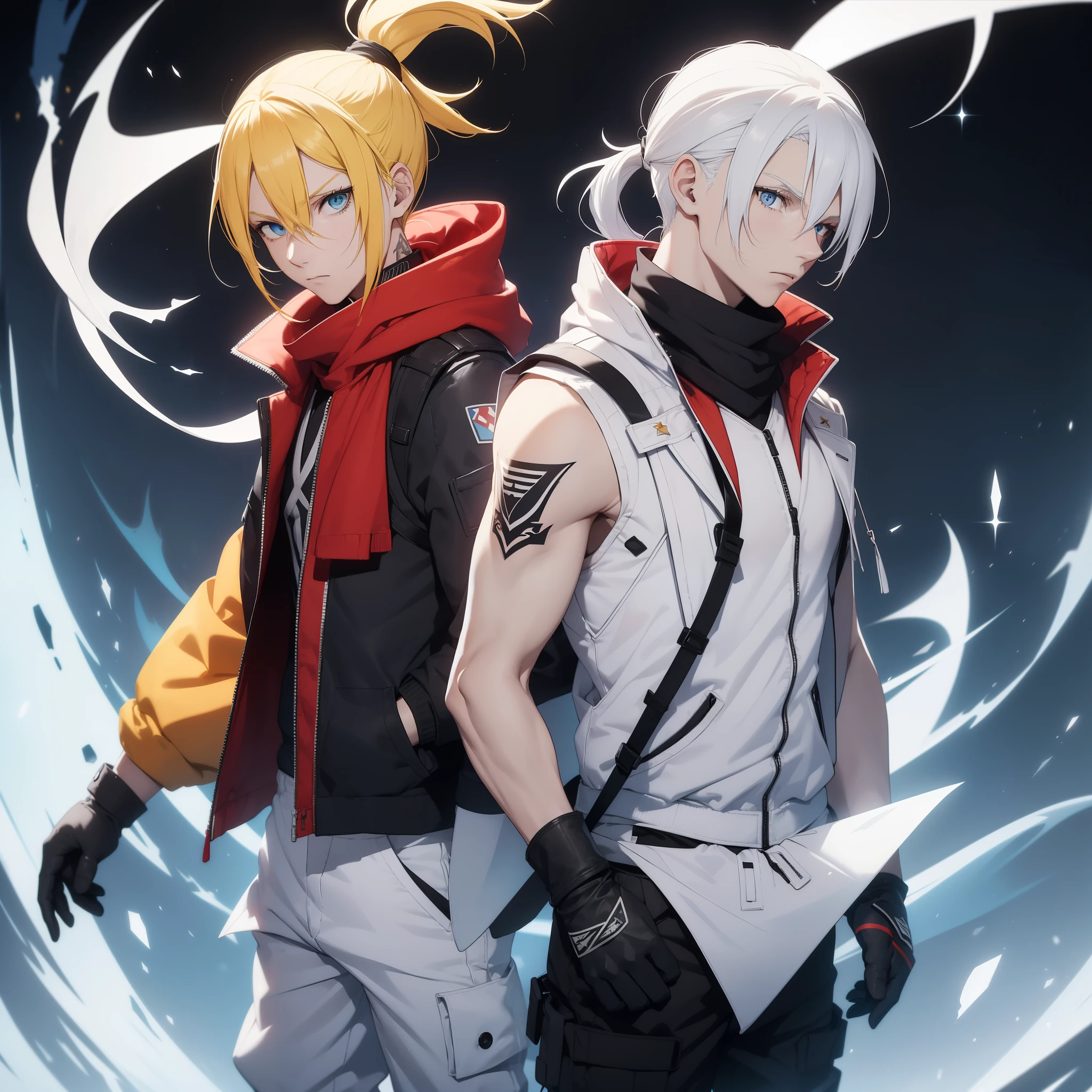 (26 years old), (male), Yellow hair, (Blue eyes), (Tied back ponytail), red scarf, White hoodie-vest, sleeveless))), (((White Millitary pants, black gloves))), slim, up to legs, Tattoed Face, Wizard