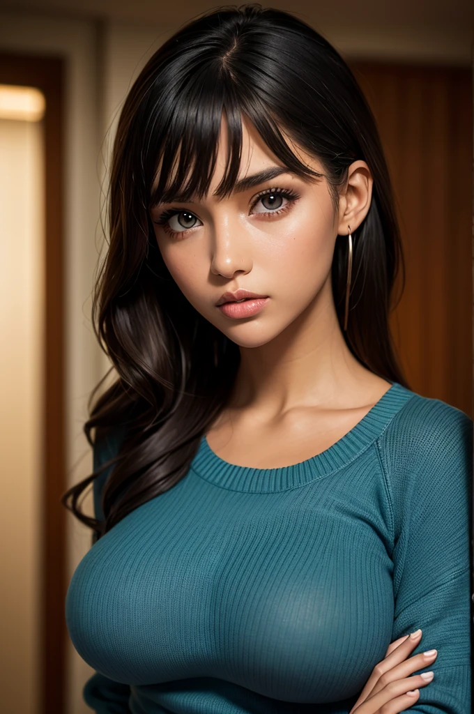 A black woman aged 19, 1girl, solo, curvy, athletic build, dark-skinned, huge breasts, tall, wearing a blue sweater, wearing leggings, black hair, brown eyes, African nose, big lips, long wavy hair, parted bangs, constricted pupils, seductive gaze, Realism, cinematic lighting, bust chart, perspective, Ultra-Wide Angle, Nikon, masterpiece, high quality, super detail, textured skin, highres, best quality, whole-body photo