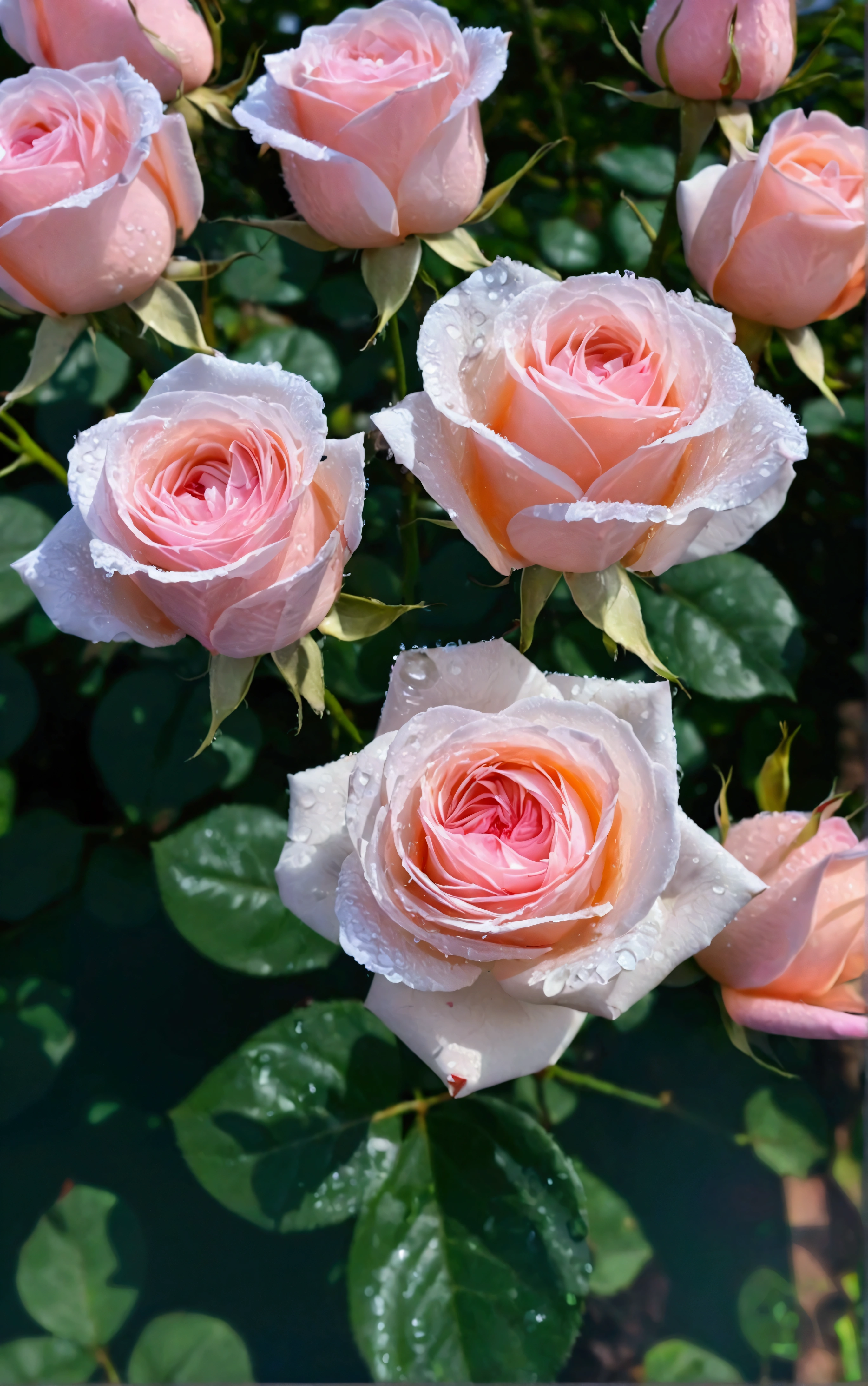 Pink rose buds with many water drops,Background blur close-up,Real photography,Fresh and natural picture,best quality, high resolution