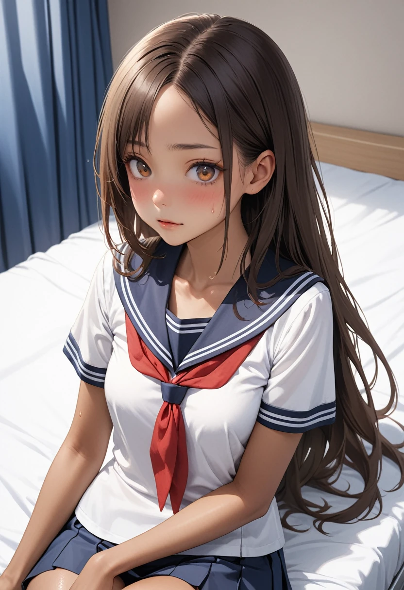 indoor, bedroom, sitting on bed:1.1, ((W sitting)), , long hair, brown hair, brown eyes, (perfect skin, realistic skin), seifuku, white shirt, white socks, white panty, fine fabric emphasis, sexy:1.1, smile, blush:1.2,  TakagiSanFirstStyle, (master piece:1.4, best quality:1.4, intricate details, highres, 8K, 4K, UHD, Ultra Detailed 8K CG, ultra high res, High quality texture, High quality shadow, HDR), nsfw