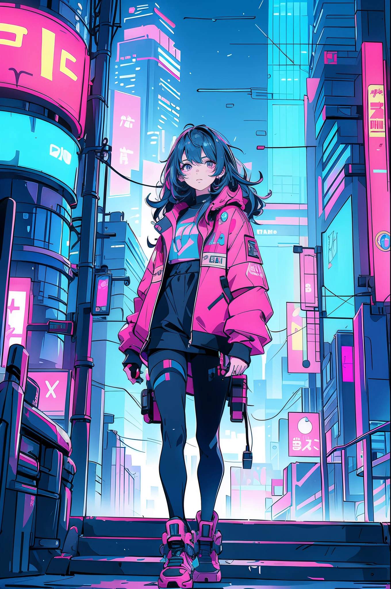 Create a vibrant cyberpunk scene featuring a young woman with wavy hair, illuminated by the neon lights of a futuristic city. She should be wearing a sleek, dark jacket that reflects the colorful glow of the surrounding environment. The background should showcase a bustling urban setting with tall buildings, bright billboards, and a mix of blue and pink neon lights. Use a detailed and stylized approach to highlight the contrast between the character and the dynamic cityscape.