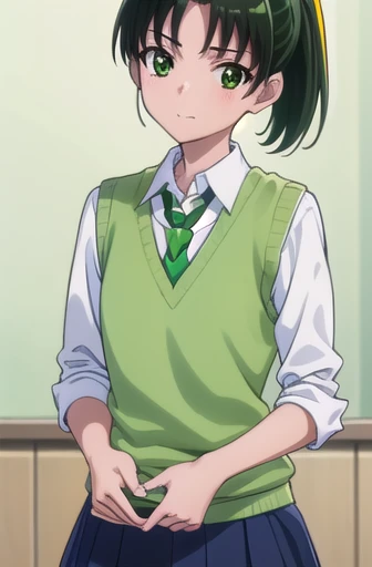 naomidorikawa, Nao Midorikawa, short hair, (Green Eyes:1.3), ponytail, Green Hair, ribbon, hair ribbon, smile,
break skirt, , tie, Rolled up my sleeves, Sweater vest, green tie, nanairogaoka middle ,Thighs、(((Panty shot、Skirt lifted、Cute white panties)))、Backwards、look back、
break indoors,classroom,
break looking at viewer, Dynamic pose,
break (masterpiece:1.2), Highest quality, High resolution, unity 8k wallpaper, (figure:0.8), (Beautiful attention to detail:1.6), Highly detailed face, Perfect lighting, Highly detailed CG, (Perfect hands, Perfect ???????),