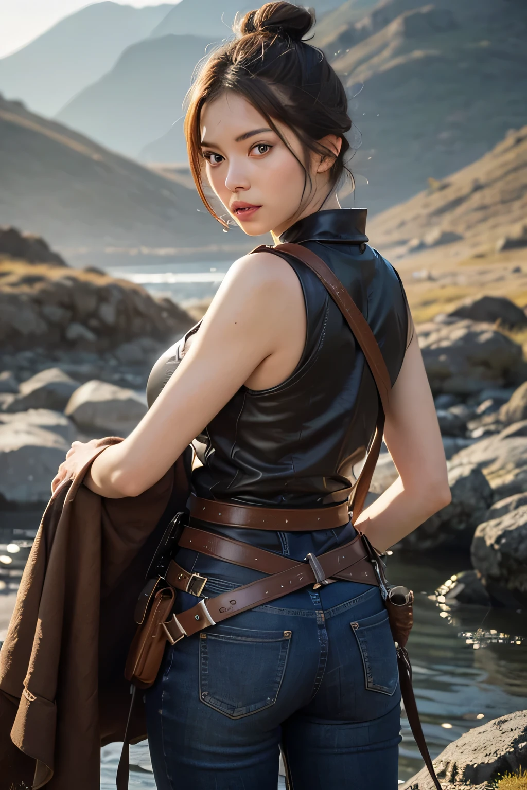 8k,A female adventurer from another world,so beautiful(Like the real thing),Adult woman in leather armor,((Brown double hair bun:1.4))、blue eyes,Carrying long objects, Large sword,Brown combat trousers,Dagger on hip,Walking in mountainous areas,Perfect Face,Perfect hand shape,charm,Volume measurement,Body balance,超High resolution,super Realistic skin,Digital single-lens reflex camera, Soft lighting, high quality, Highly detailed face, Highly detailed eyes, highly detailed skin, skin, Scattered beneath the surface of the water, Highly detailed face, Highly detailed eyes, Beautiful expression, lip, Detailed Background, Written boundary depth, Small breasts、Volumetric lighting, Sharp focus, Absurd, Realistic proportions, Excellent anatomy, (Realistic, 超Realistic:1.4), 16k hdr, dawn,Big Breasts,High resolution,super Realistic skin,super Beautiful expression,Fantasy art,Character Art,Dynamic pose,Compensate,Brown cloak,Carrying large luggage on your back,