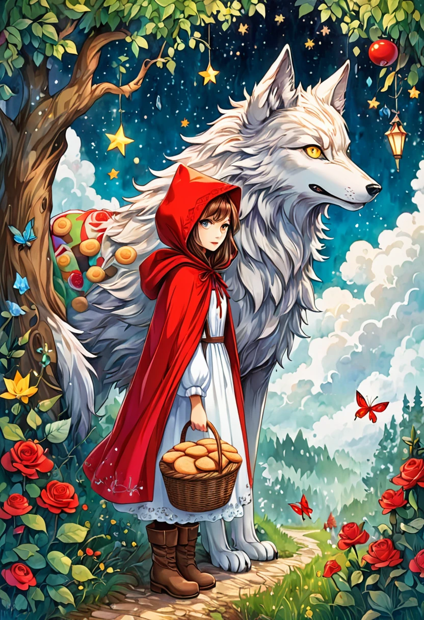 Create an imaginative illustration spanning from a traditional tale of Little Red Riding Hood. Set the scenery in a forest with towering, mythical trees that stretch beyond the clouds. Little Red Riding Hood, a young Caucasian girl, is wearing her signature red hooded cloak, a patchwork dress of vibrant colors, and sturdy brown boots, carrying a basket full of pastries. A gigantic, almost ethereal wolf, with glaring luminescent eyes, lurks behind the dense foliage, watching her with an intent gaze. The overall ambiance should be filled with fantasy elements - think of glowing plants, peculiar animals with uncommon attributes, and a sky speckled with twinkling, colorful stars.