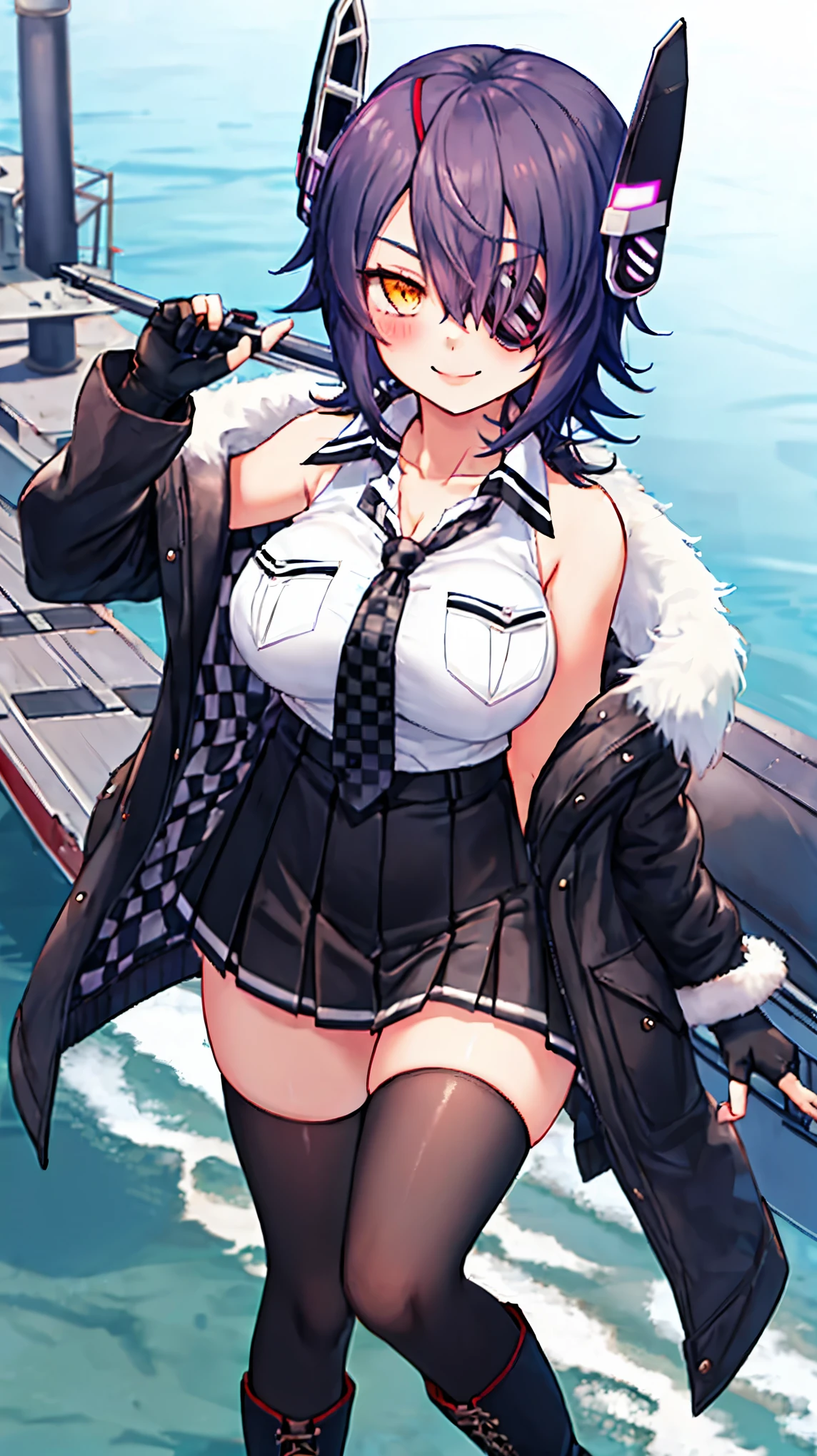 best quality, masterpiece, solo, {tenryuu_kantaicollection:1.15}, teen_girl, eyepatch, short_hair, purple_hair, yellow_eyes, headgear, breasts, necktie, large_breasts, smile, 1girl, blush, checkered_necktie, hair_over_one_eye, shirt, collared_shirt, white_shirt, jacket, sleeveless, brown_eyes, fur-trimmed_jacket, fur_trim, collarbone, looking_at_viewer, pocket, breast_pocket, ,, messy_hair, black_gloves, gloves, partially_fingerless_gloves,harbor_road_landscape_background,outdoor,short_skirt,thigh-highs,boots,sunlight,from_below