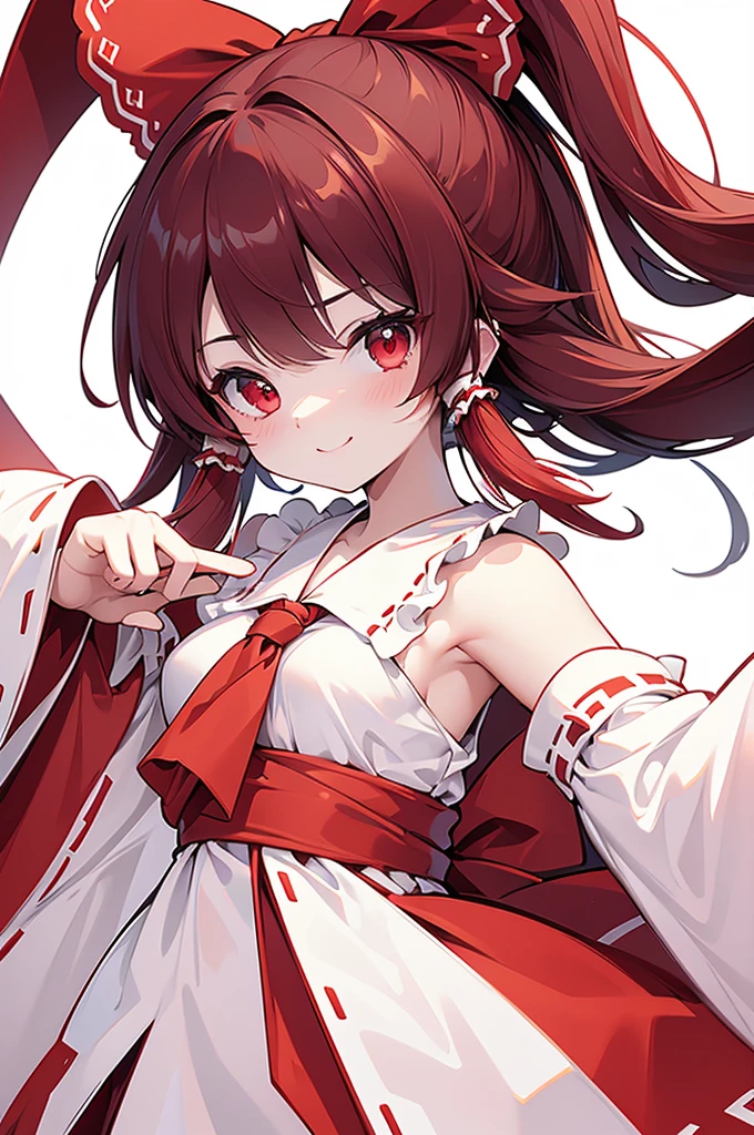 (Highest quality) (4K) (8k) (High resolution) (masterpiece:1.2) (Super detailed) One girl Reimu Hakurei Red eyes White Background (Upper Body) smile