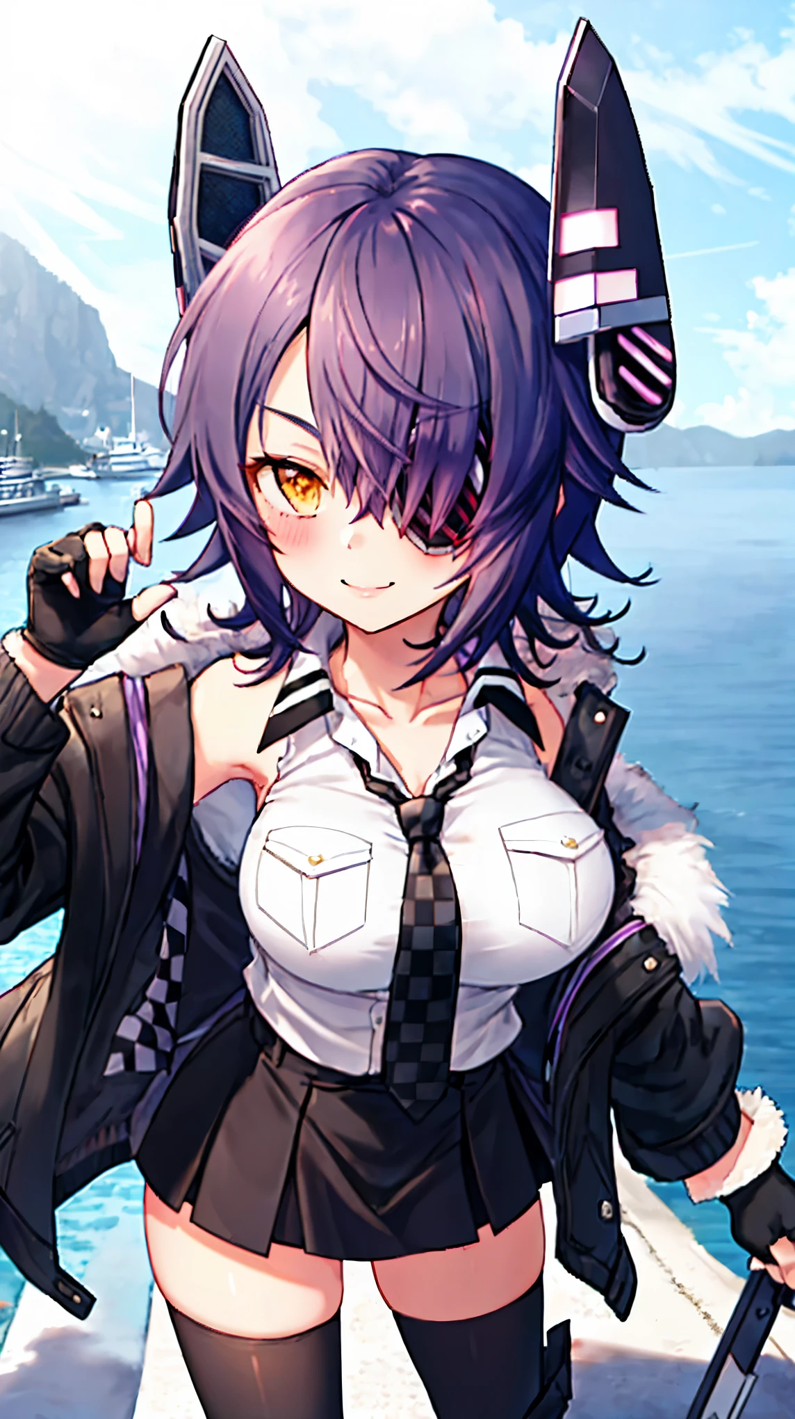 best quality, masterpiece, solo, {tenryuu_kantaicollection:1.}, teirl, eyepatch, short_hair, purple_hair, yellow_eyes, headgear, breasts, necktie, large_breasts, smile, 1girl, blush, checkered_necktie, hair_over_one_eye, shirt, collared_shirt, white_shirt, jacket, sleeveless, brown_eyes, fur-trimmed_jacket, fur_trim, collarbone, looking_at_viewer, pocket, breast_pocket, ,, messy_hair, black_gloves, gloves, partially_fingerless_gloves,harbor_road_landscape_background,outdoor,short_skirt,thigh-highs,boots,sunlight,from_below