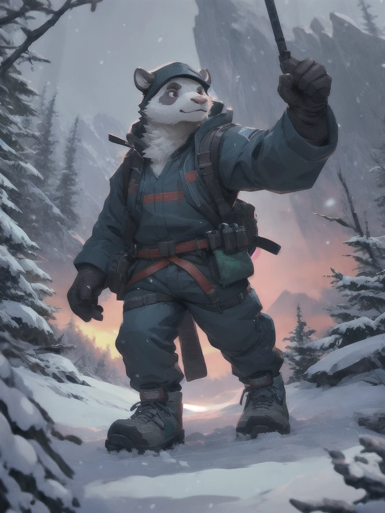 anthro humanoid male giant ninja capybara, wearing ninja suit, pants, hiking boots, hiking gloves, running on snow mountain, looking up, snow storm, cute, attractive, highly detailed, intricate, sharp focus, beautiful, dramatic cinematic, ambient light, epic composition, elegant, very inspirational, stunning, creative, fine detail, color, shiny, glowing, rich deep, BREAK, the colossal capybara, the king of the jungle, dons a pair of hiking boots, hiking boots, and a pair of hiking gloves. The snow mountain is surrounded by lush greenery, and the air is filled with the sound of chirping birds and rustling leaves. The scene is alive with energy and mystery, capturing the essence of an epic landscape. A solitary panda, clad in a crisp suit, carries a snowpack in one hand and a pair of hiking boots in the other, while a snowstorm hangs low in the sky. The scene is a stunning, epic composition, with vibrant colors and intricate details that bring the jungle to life. The image is alive with energy and mystery, capturing the essence of an epic landscape.