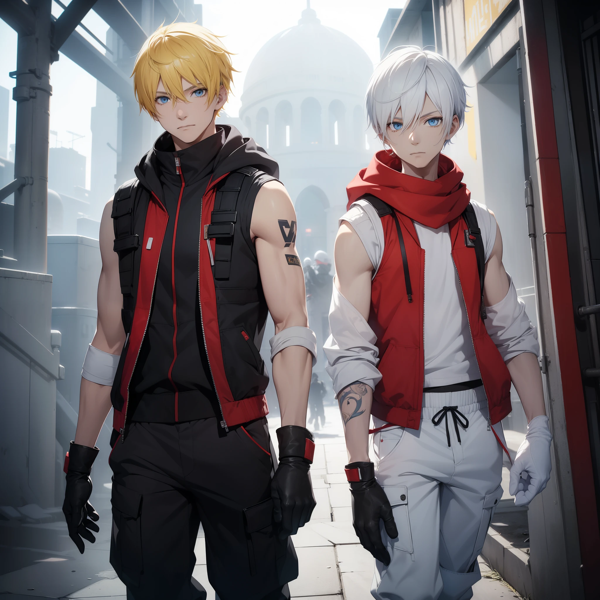 (26 years old), (((1male))), Yellow hair, (Blue eyes), (Wavy Short Hair), red scarf, White hoodie-vest, sleeveless))), (((White Millitary pants, black gloves))), slim, up to legs, Tattoed Face, Wizard