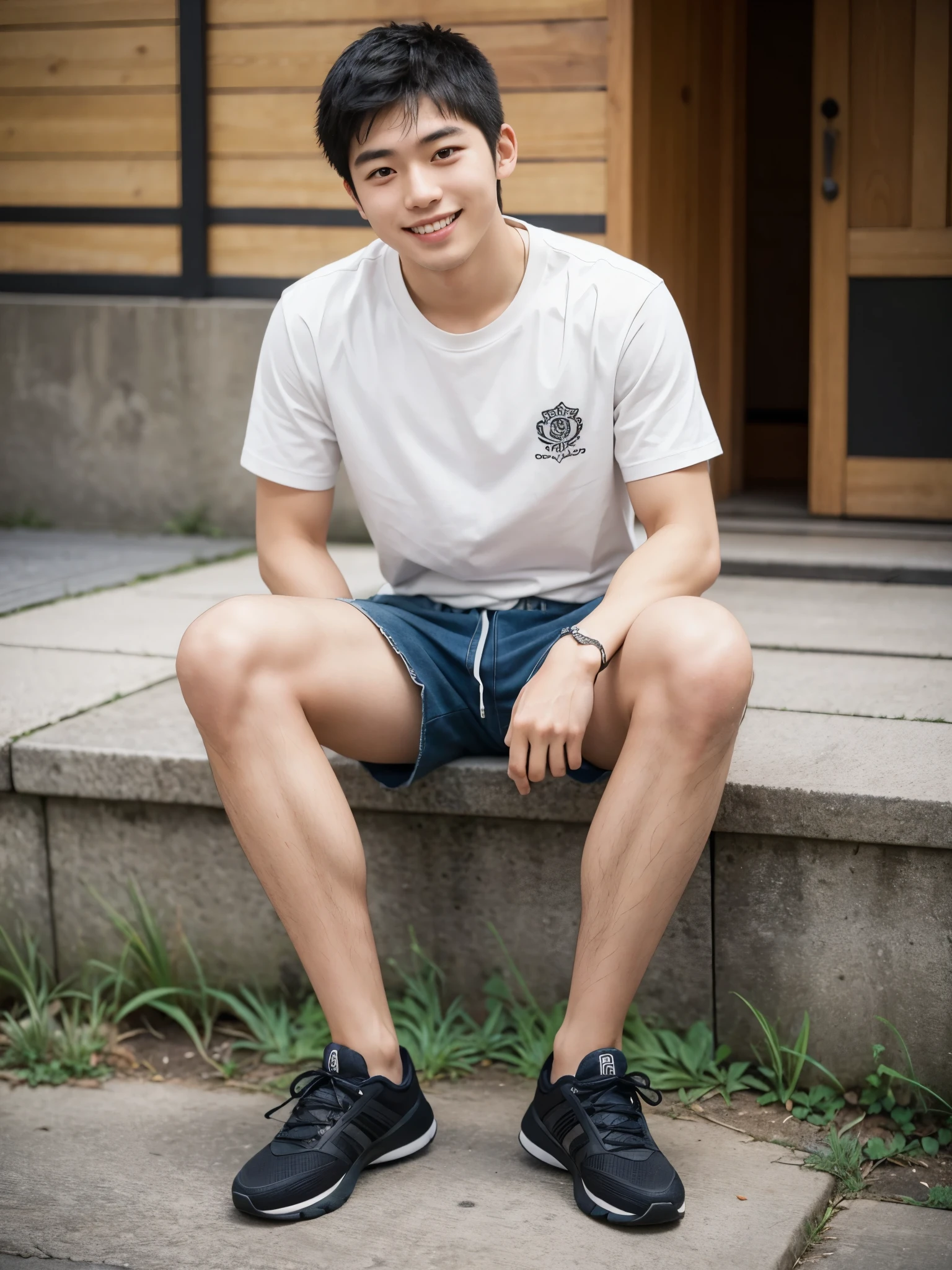 Japanese, male, university student, Wearing shorts,((full body)), (super sharp focus), (Hairy legs), (solo), smile, Anatomically correct, sitting