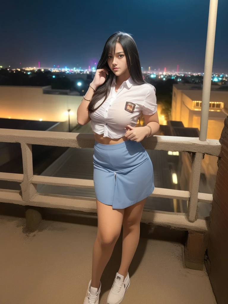 1girl, (uniform), standing, outdoors, night view, detailed Metropolitan city at the background, (zoom out: 1.4), detailed face, cute angry face, detailed eyes, medium large breasts, six pack abs, smooth realistic skin, semi-curvy body, white shirt, grey blue short skirt, looking at the audience, (8k, RAW photo, best quality, masterpiece: 1.2), (realistic, realistic: 1.37), ultra-high resolution