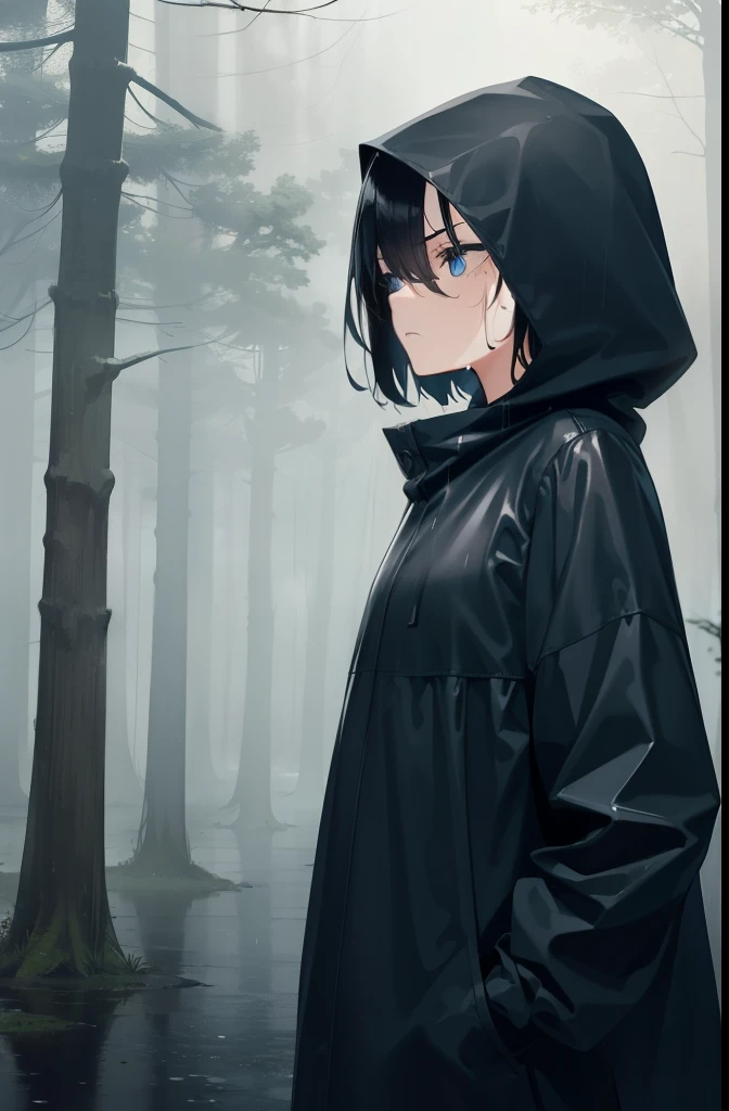 boyish,Very short hair,Black Hair,Large Breasts,black long raincoat,Wet,blush,Serious face,blue eyes,forest,rain,fog,cloudy,Put on the hood,