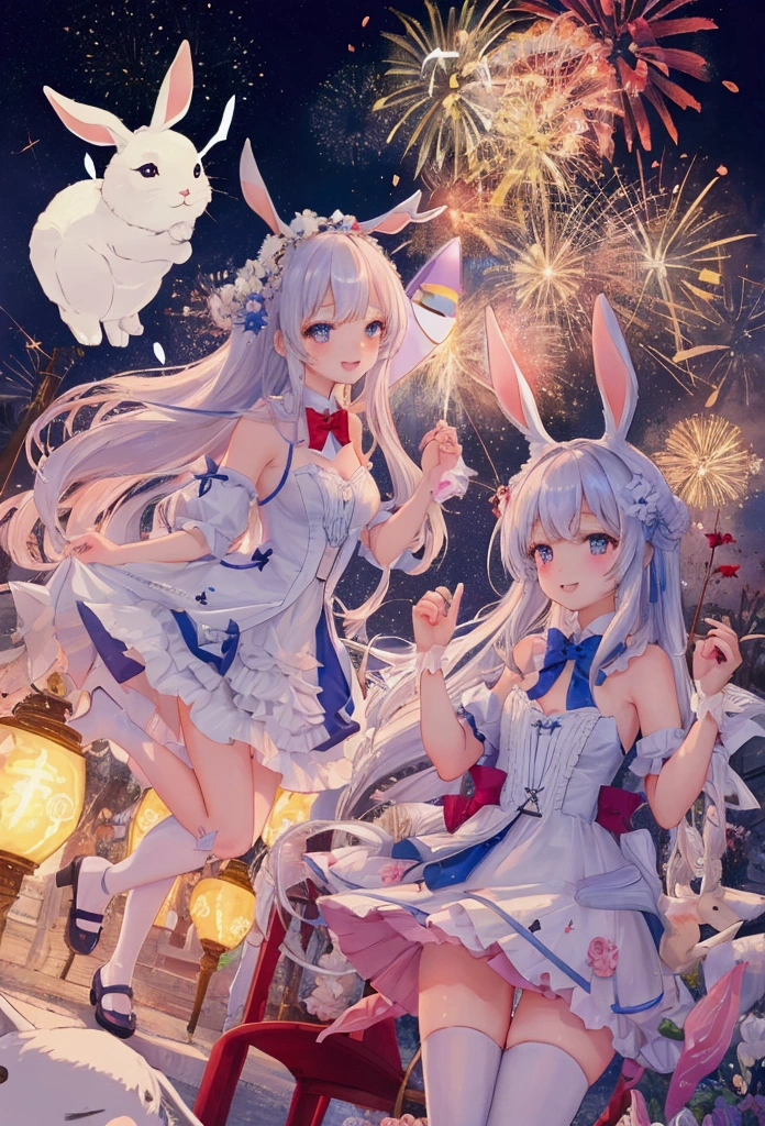 nsfw, Ultra realistic, masterpiece, highest quality, ultra detail,adorable, (detailed and intricate), greyfur, attached rabbit tail, (hair),(perky small breasts), (furry fluffy grey fur covered body:1.3),detailed face, detailed light purple eyes, detailed eyes, (detailed eyes:1.1),anthro (petite grey_bunny:1.2), wide hips, (furry:1.3), aroused, happy, embarrassed, (blush),(wearing a trendy sundress:1.2), white thigh highs, smooth,intricate detail, gorgeous female photo, professionally retouched, realistic professionally color graded photograph, natural lighting, realistic, light particles,fine fabric emphasis, bokeh, suggestive pose,by Pino Daeni, by Ruan Jia, by Shiitakemeshi, by Alayna Lemmer, by Carlo Galli Bibiena, detailed downtown street parade background, New Year's Day, New Year's Day parade, night, ((fireworks))
