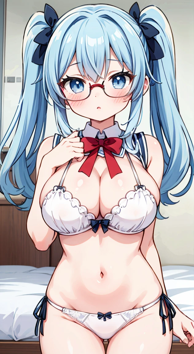 Gingham check bra, gingham checked panties,Side tie panties,Ribbons are nice, Ribbon Panties,Twin tails,blush, full-face blush,masterpiece, Highest quality, high school girl,School wear,The front of the uniform is open,Hunchback,(anime screencap:1.3),(shape), cute,(Simple:1), (anime:1.2),Solo Sharp Focus, 1 girl, Cleavage,Looking at the audience,, Are standing,,(Browsing Caution:1.2)room,bed,((Pastel colored underwear)),Big Breasts,Beautiful breasts,Beautiful Hips,Accentuate your breasts,Glasses,