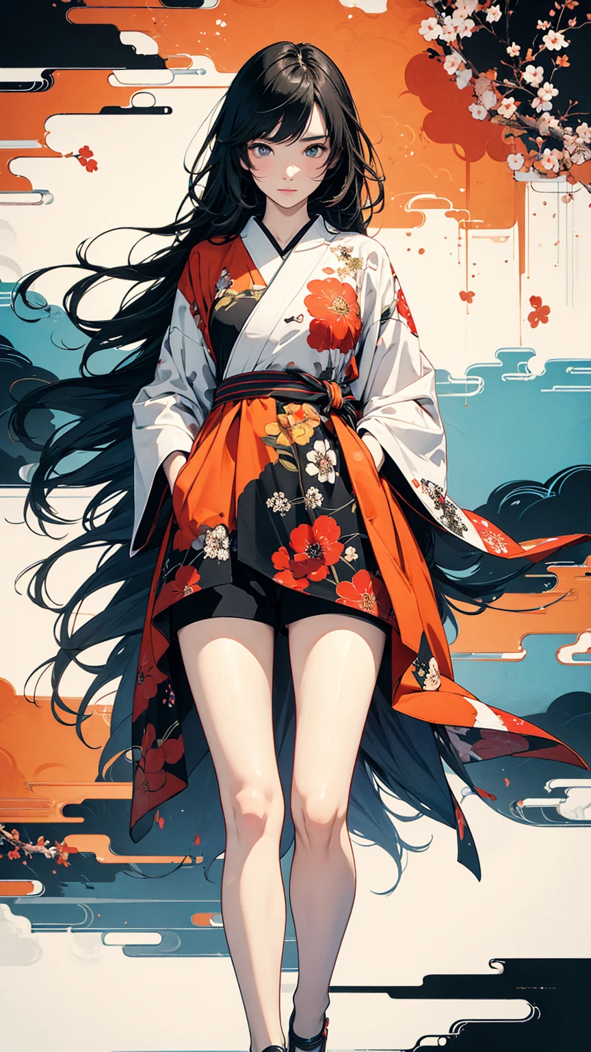 (masterpiece, High resolution, Highest quality), 20-year-old woman, Standing at an angle with hands in pockets:1.3, Coordination of Japanese patterned haori and micro mini shorts:1.2, Petal Collage, abstract design, artistic juxtapositions, And handle background, warm color, mixed-media approach, Anime Style, Simple lines, Digital Painting, 