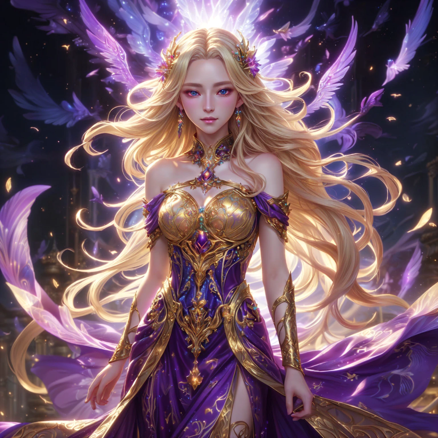 woman in purple dress Long, winged blonde hair, Fantasy art style, ((Beautiful Fantasy Empress)), Detailed fantasy art, Beautiful Fantasy Empress, epic Fantasy art style hd, By Yang J, fantasy anime illustration, Fantasy anime artwork, fantasy style art, A very detailed RTM pathogen., beautiful heavenly mage, Ethereal fantasy, The beautiful and elegant Elf Queen.