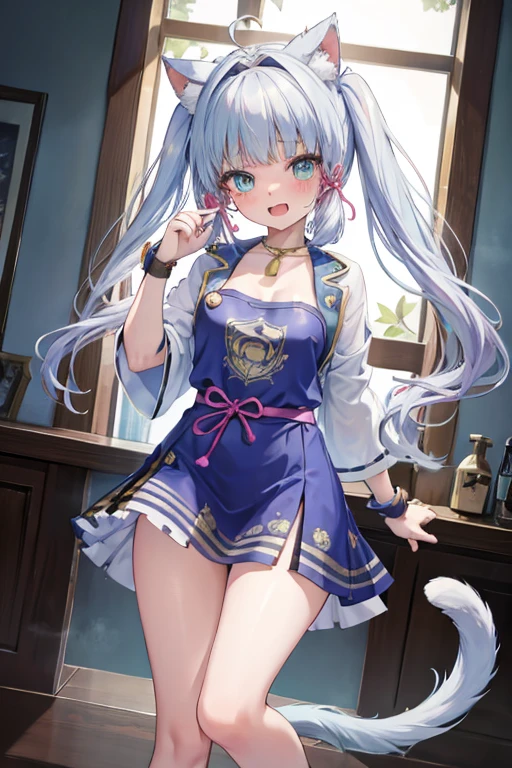 anklet,hairband,fang,soaked,bathrobe,masterpiece, best quality, kawaii, ahoge, beautiful detailed eyes, aqua eyes, eyeball, cat_ears, medium breasts, bare legs, no legwear, wristband, loli, light blush, student, hands_on_hips, excited, seductive smile, nose blush , open mouth, tail